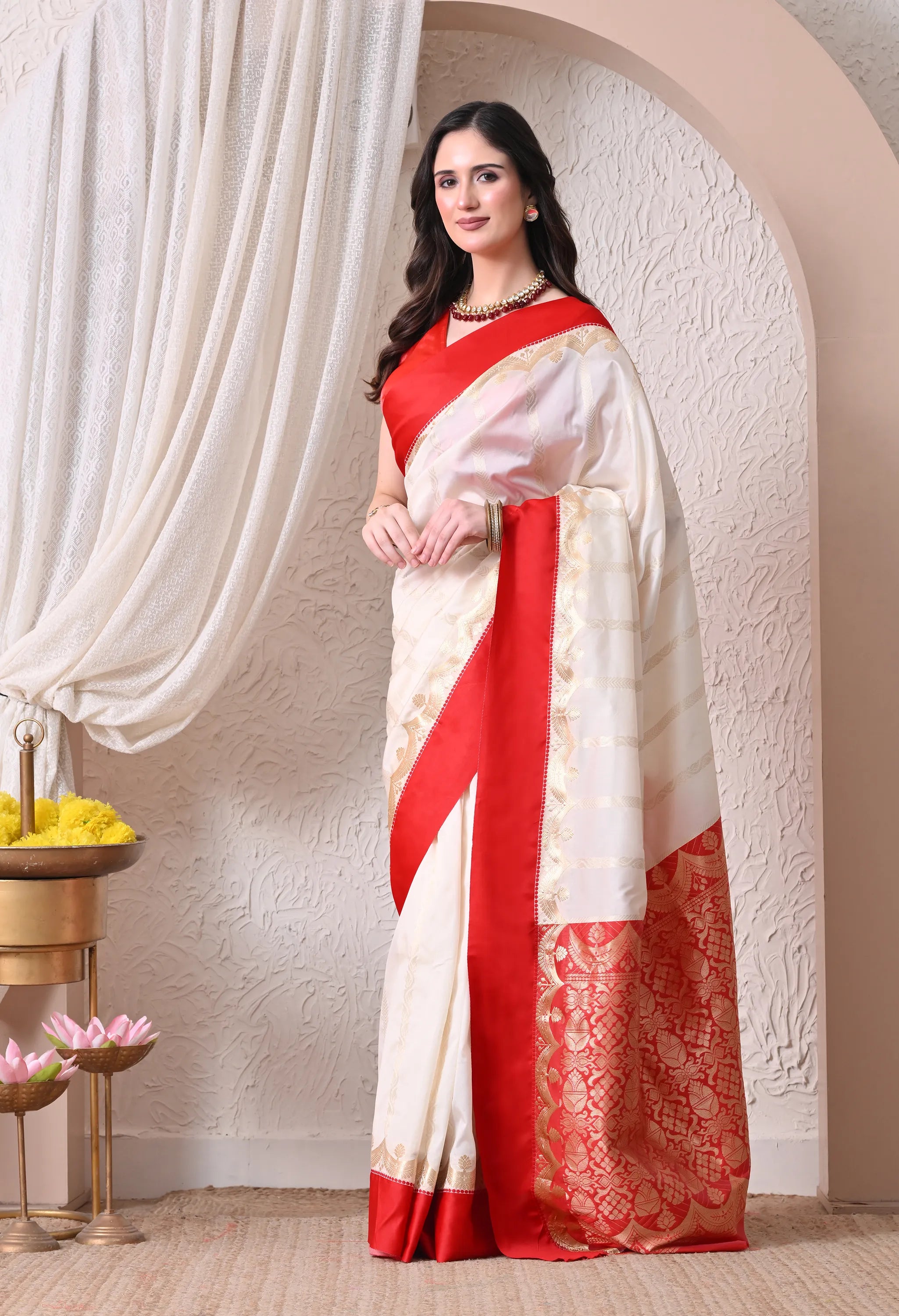Festive Off-White and Crimson Red Silk Blend Saree