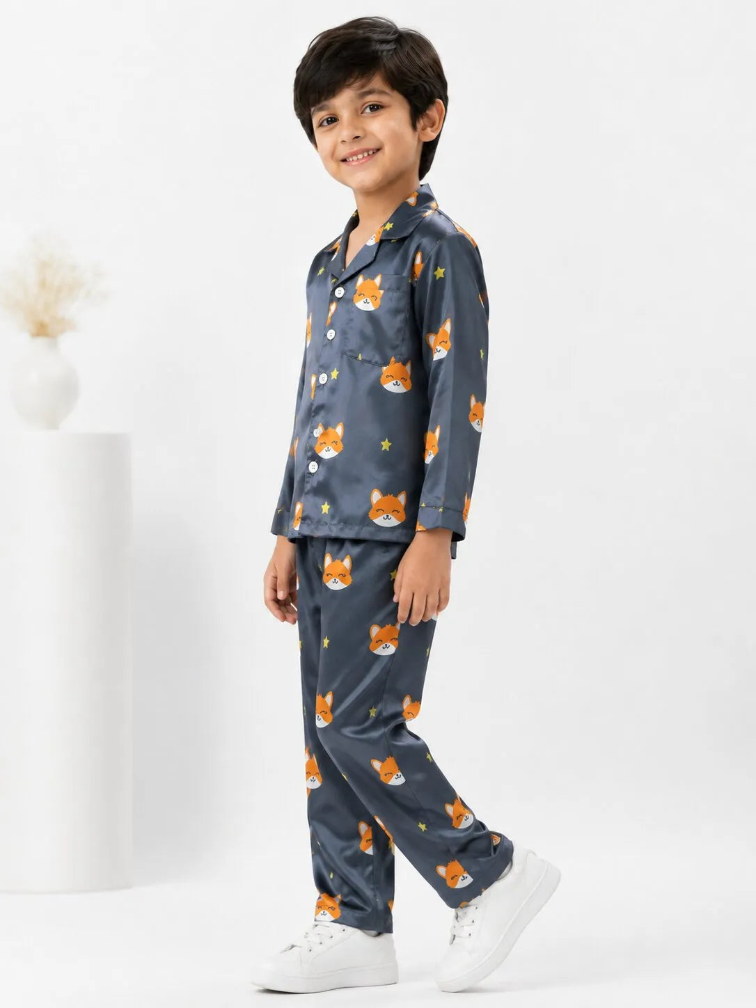 Kids Navy Blue Fox Print Satin Pajama Set