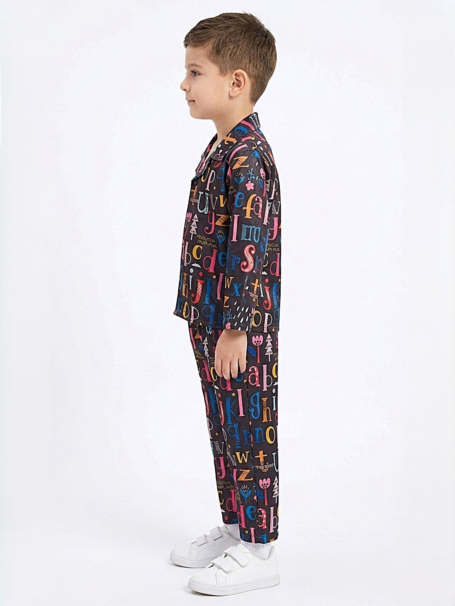 Boys Black Alphabet Print Nightsuit - Full Sleeves Shirt & Pyjamas Set