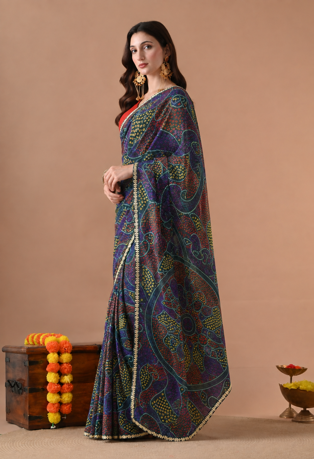 Multicolour Printed Georgette Saree with Traditional Paisley & Floral Motifs