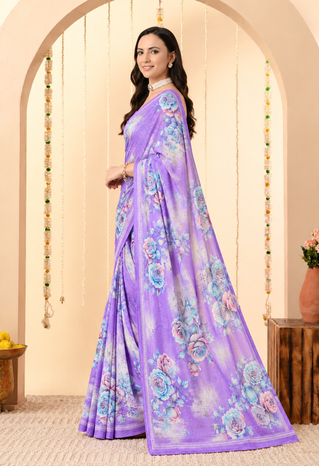 Purple Floral Printed Silk Blend Saree