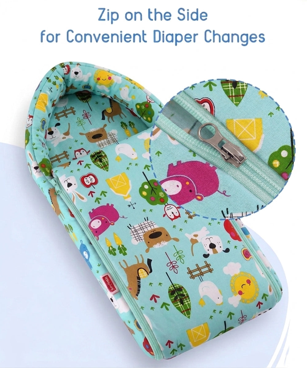 Unisex Infants Green & White Printed 3-in-1 Bedding Combo – Carry Nest, Mattress with Net & Gadda Set