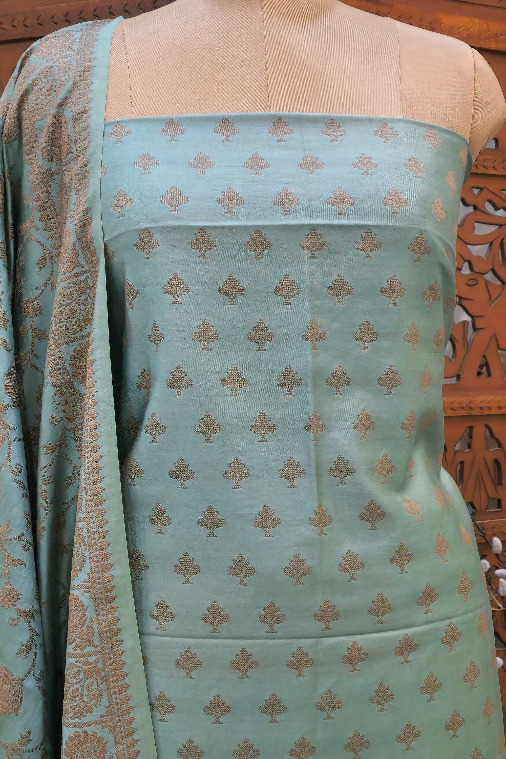 Women Sea Green & Copper-Toned Silk Blend Unstitched Dress Material with Banarasi Weaving