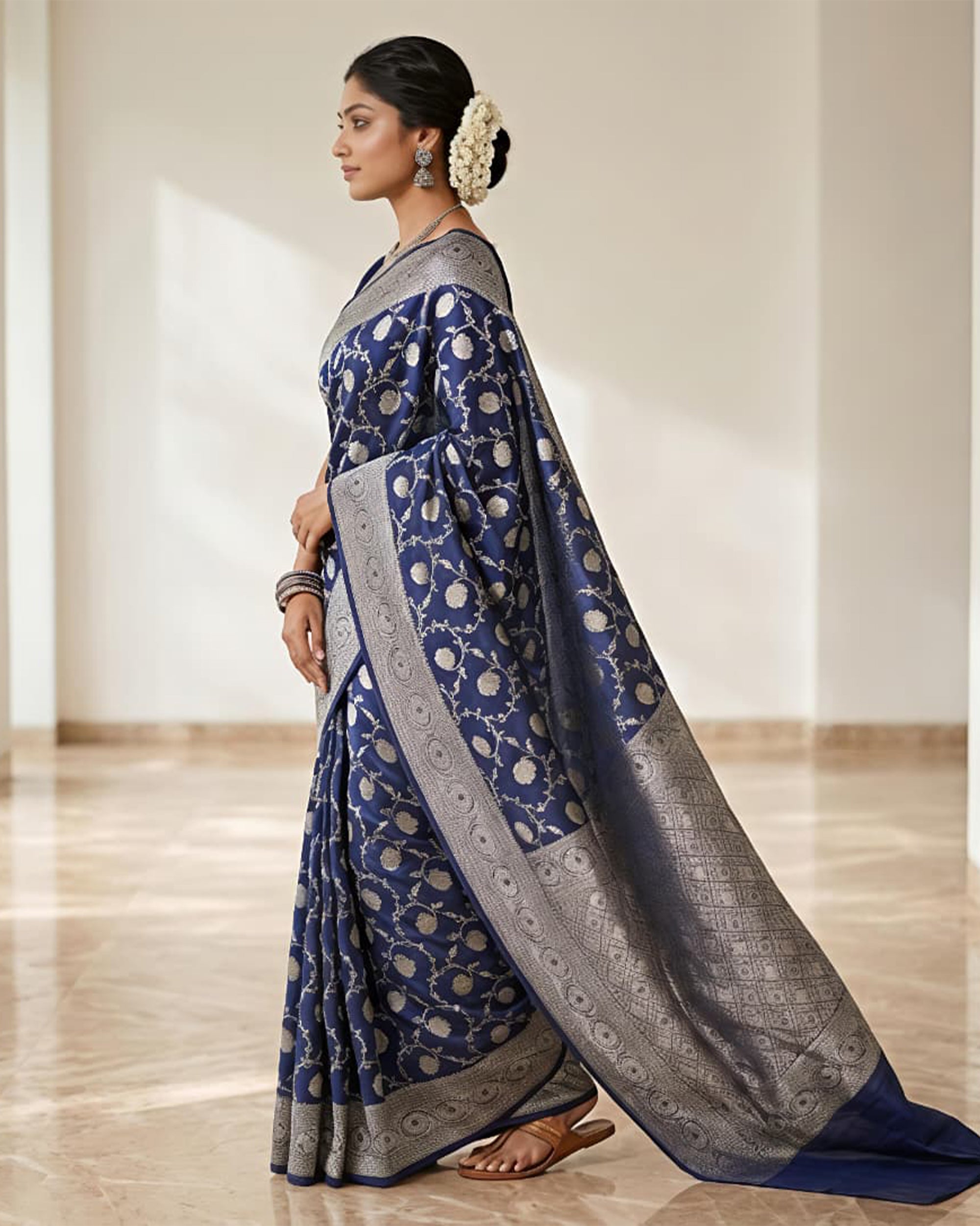 Navy Blue & Silver-Toned Silk Blend Woven Design Banarasi Saree