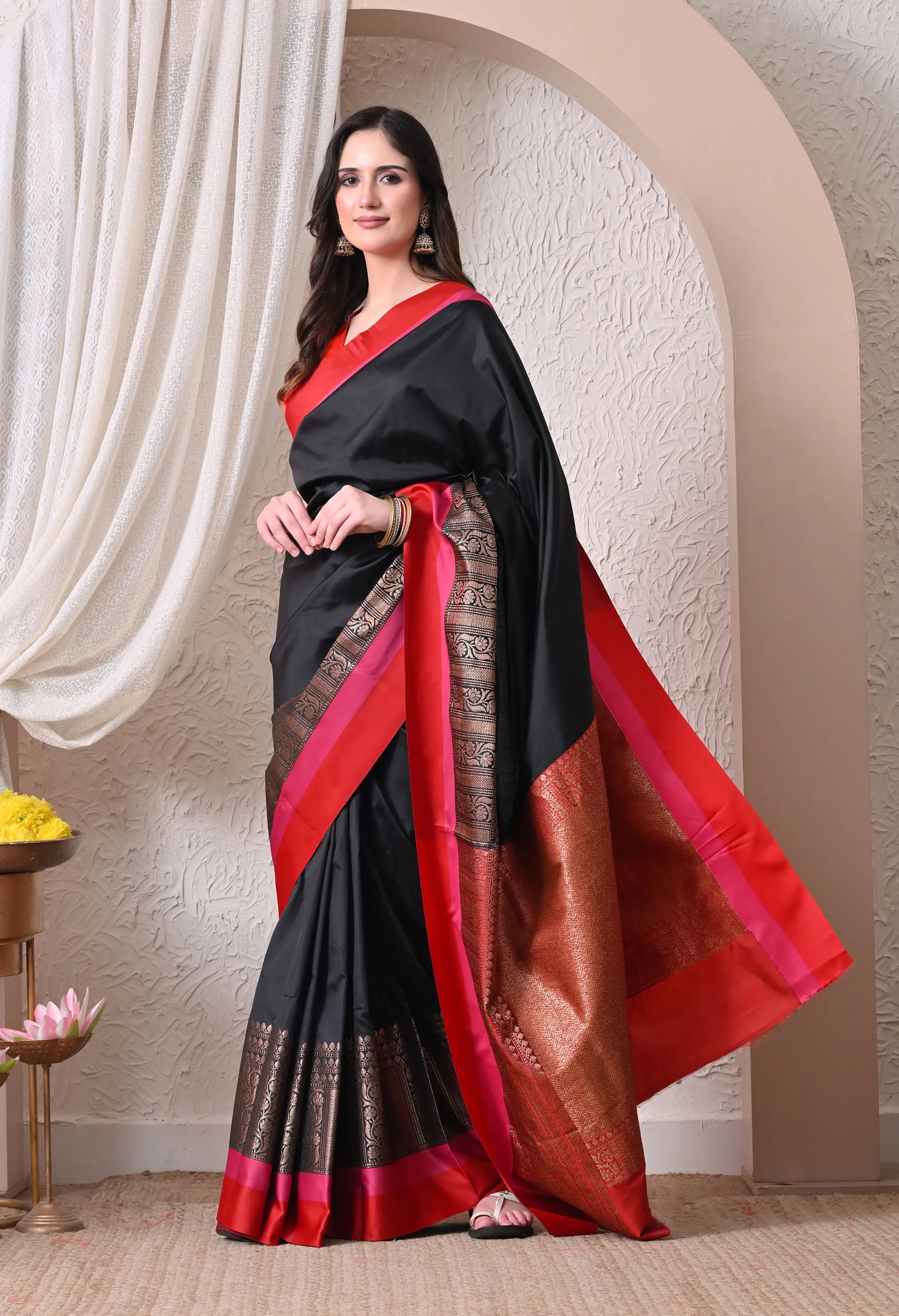 Midnight Black Silk Blend Saree with Multi-Toned Crimson and Pink Border