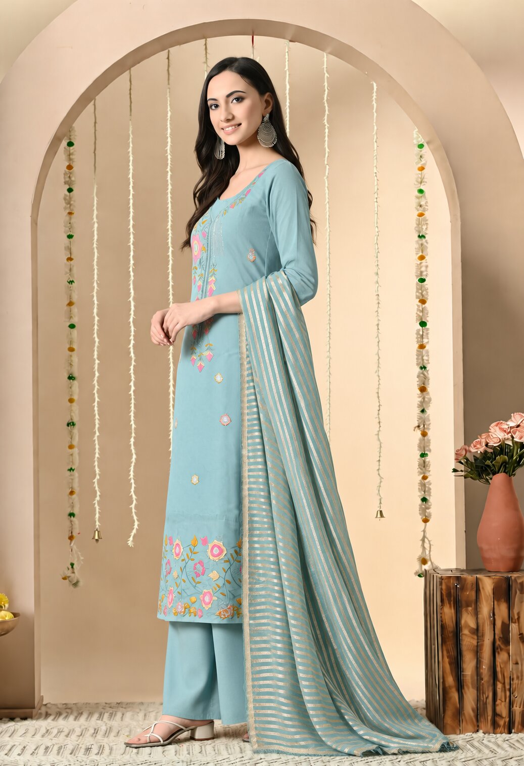 Aqua Blue Chanderi Silk Embroidered Suit Set with Organza Dupatta