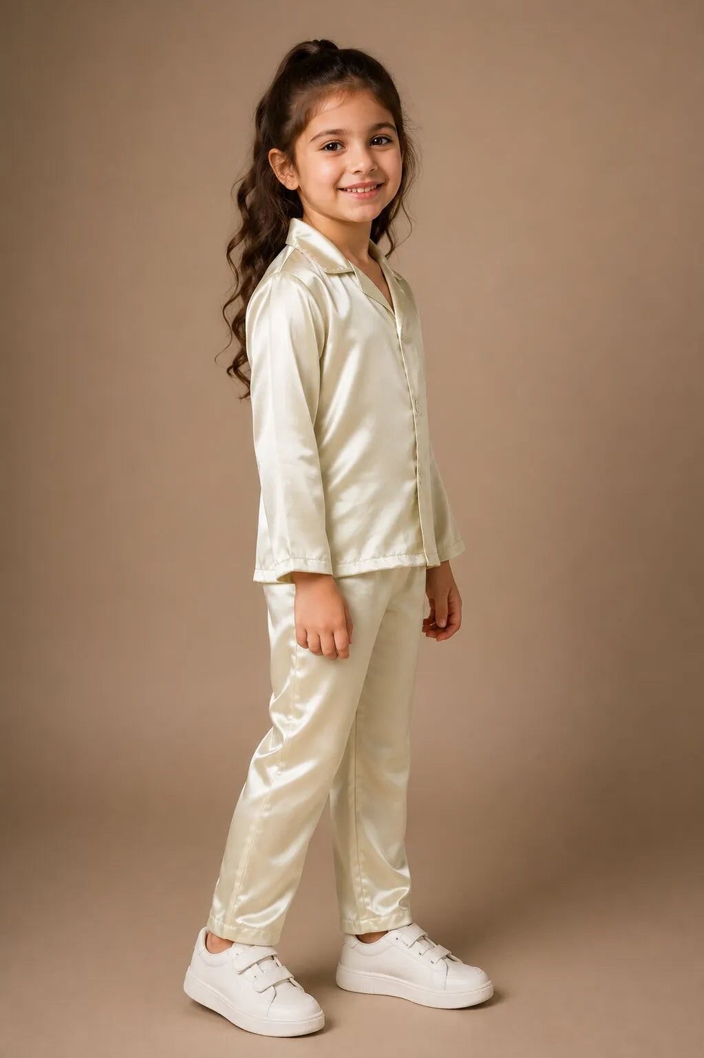 Girls Luxurious Solid Satin Night Suit – Comfortable Full-Sleeve Button-Down Shirt & Pyjama Set