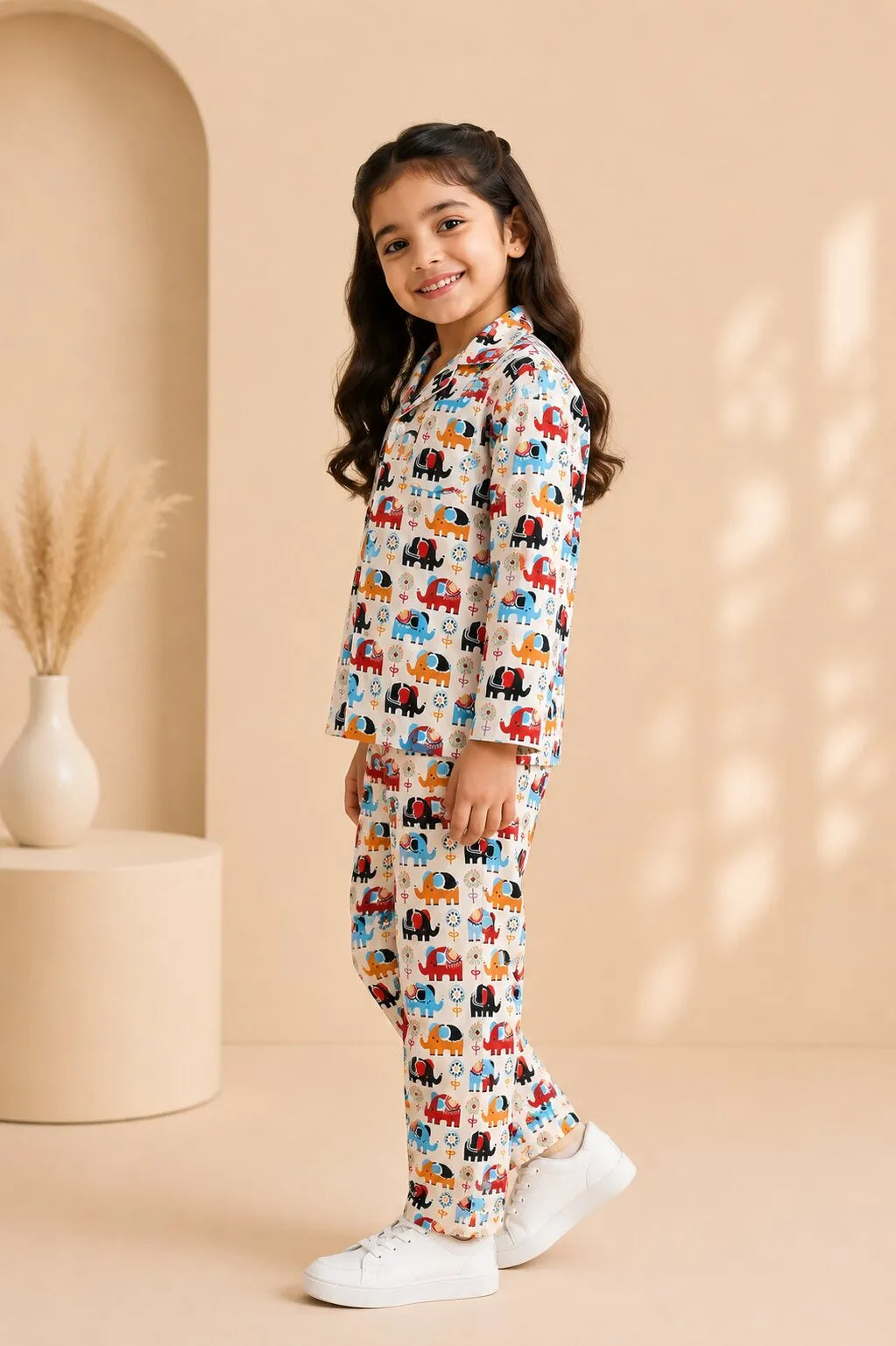 Kids' Elephant Print Cotton Girls Night Suit