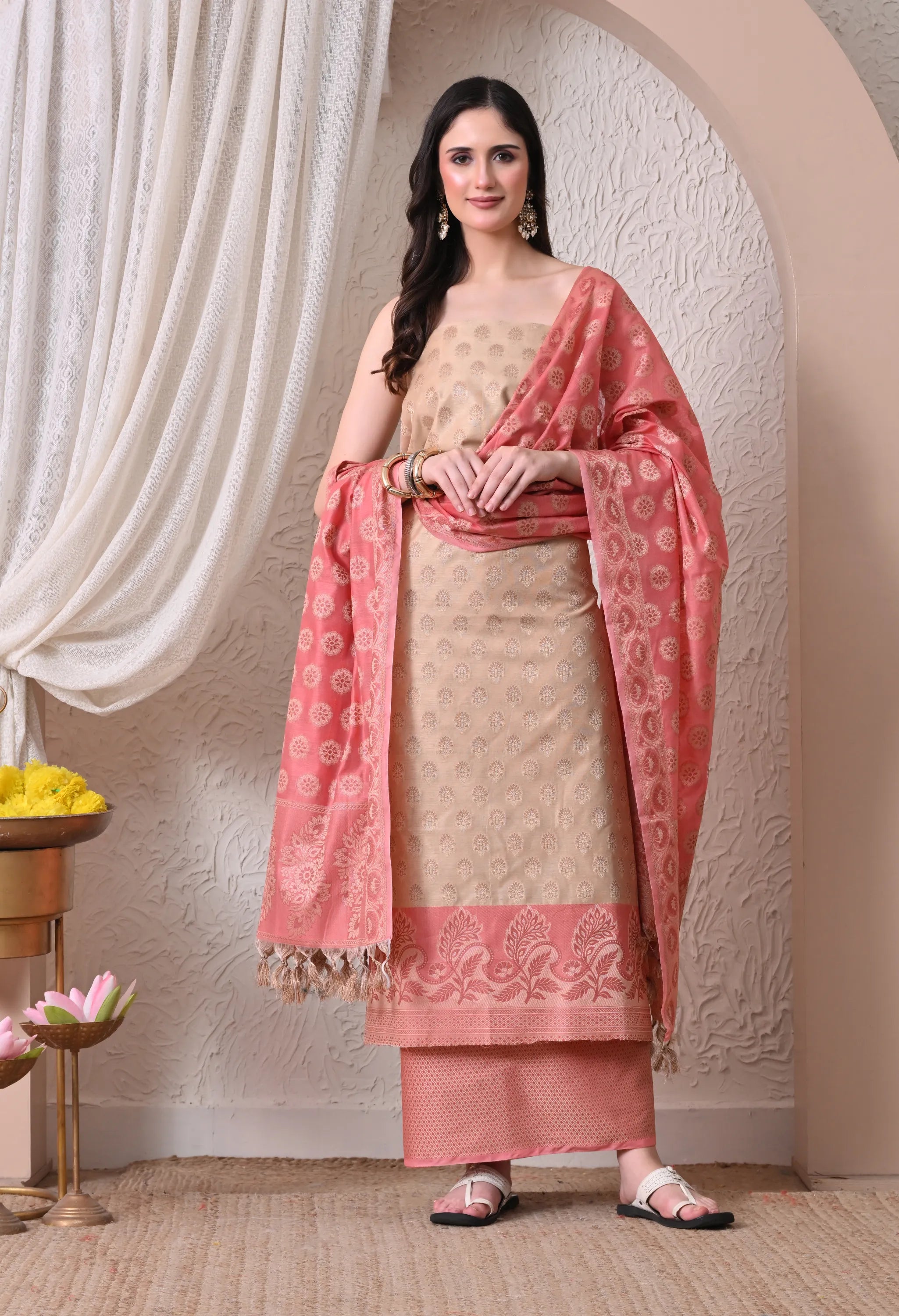 Elegant Beige and Pink Woven Silk Unstitched Salwar Suit Material with Banarasi Style Dupatta