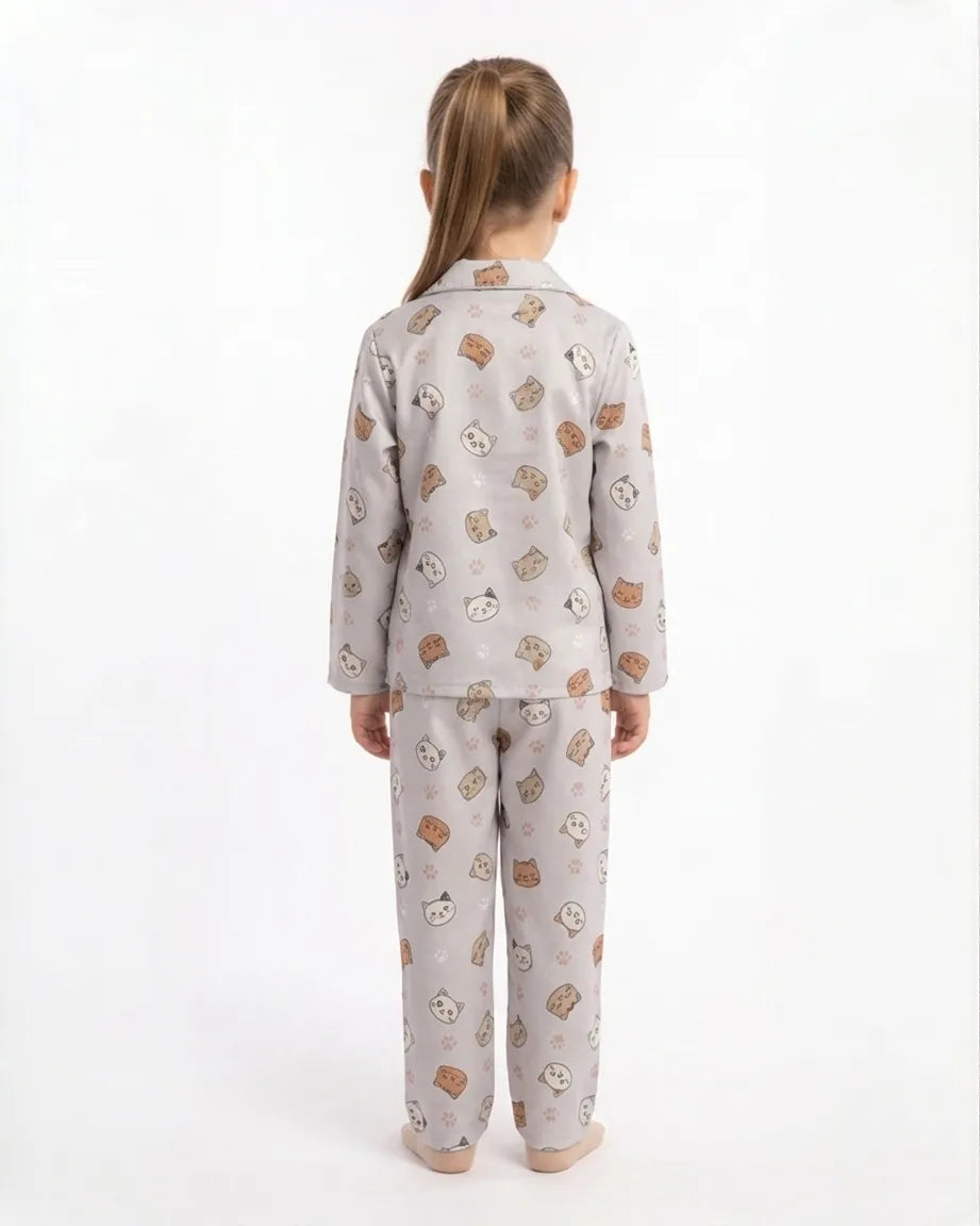 Girls Grey & Orange Cat Printed Satin Night Suit