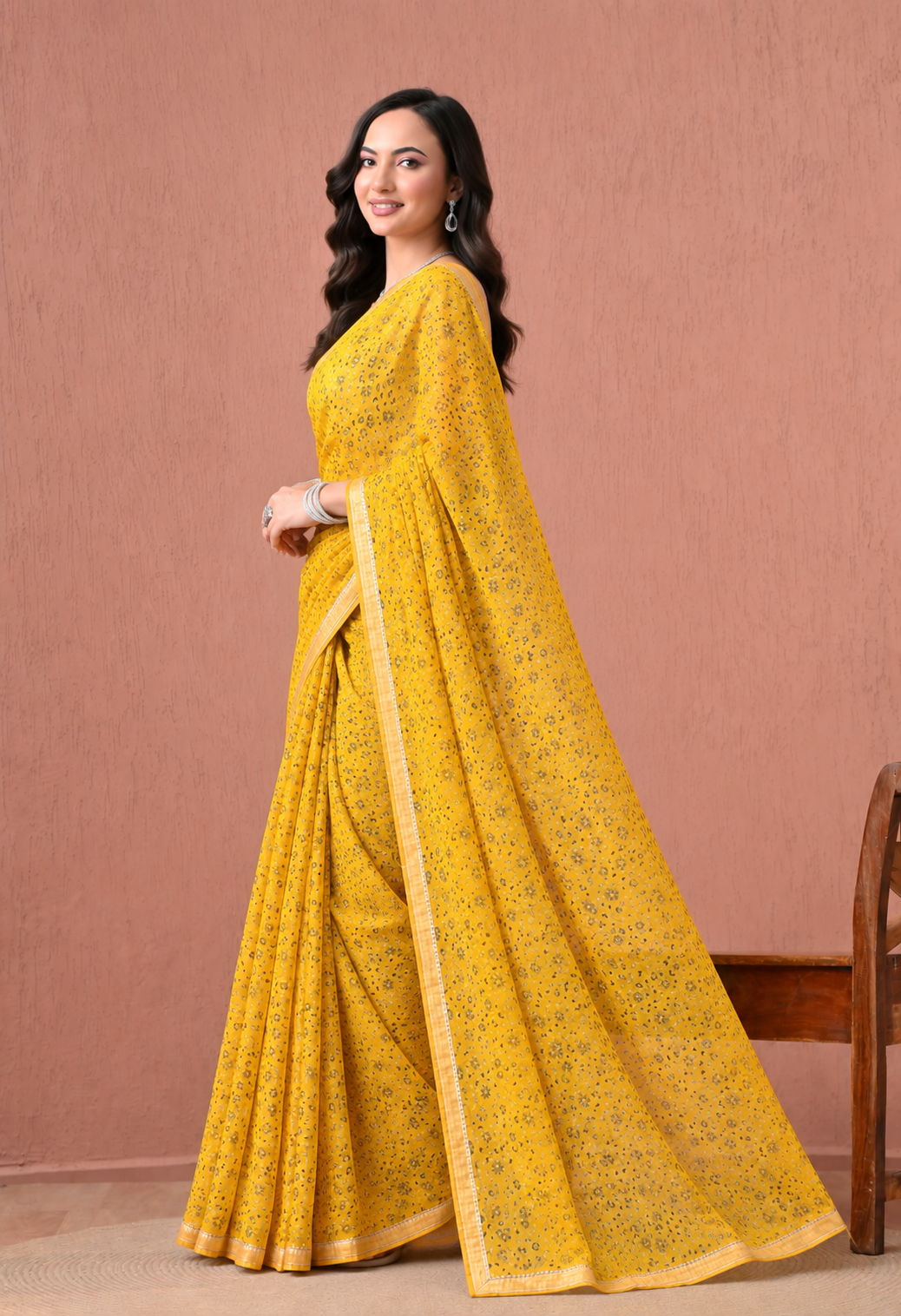 Mustard Yellow Chiffon Saree with Delicate Floral Print