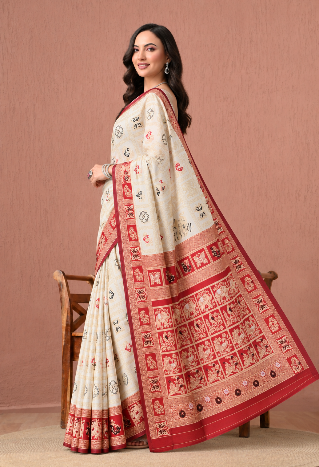 Off-White Printed Saree with Red Traditional Border & Designer Pallu