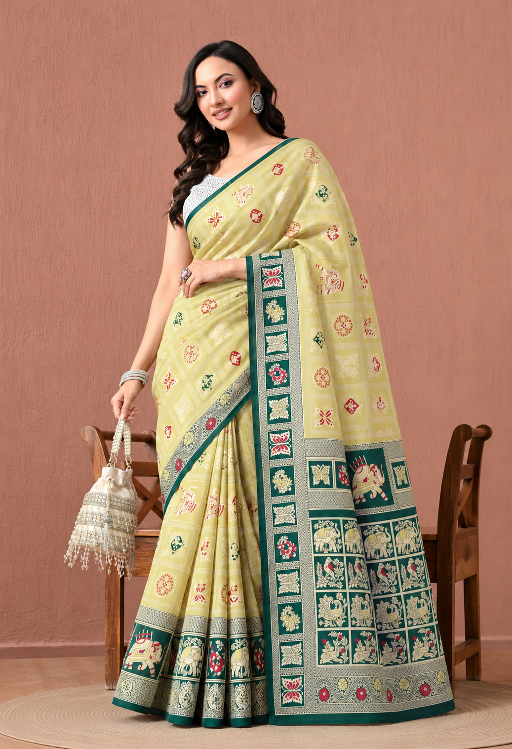Elegant Lime Green Printed Saree with Teal Traditional Border & Pallu