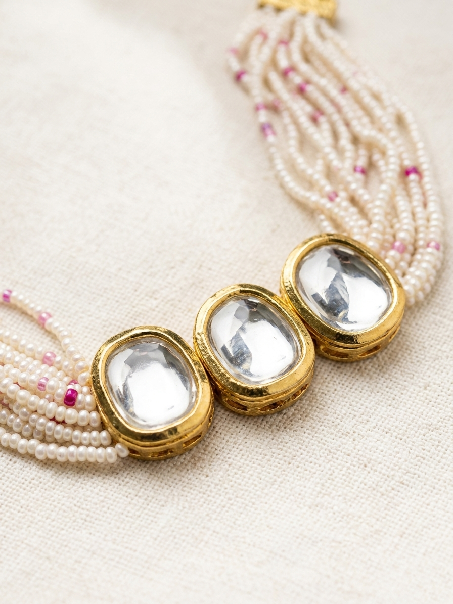 Gold-Toned & White Necklace with Multi-Strand Pearls