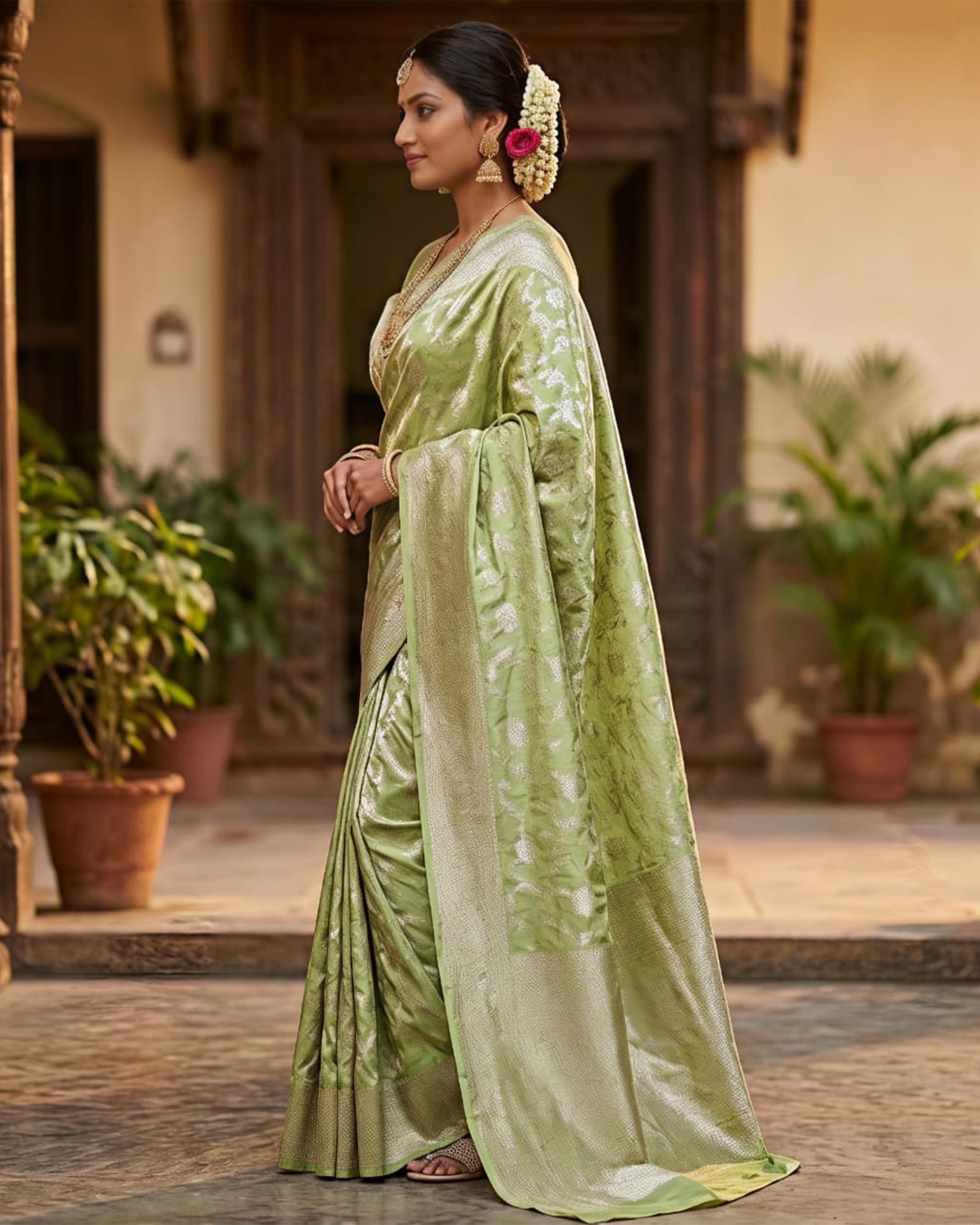 Pistachio Green & Silver-Toned Silk Blend Banarasi Saree