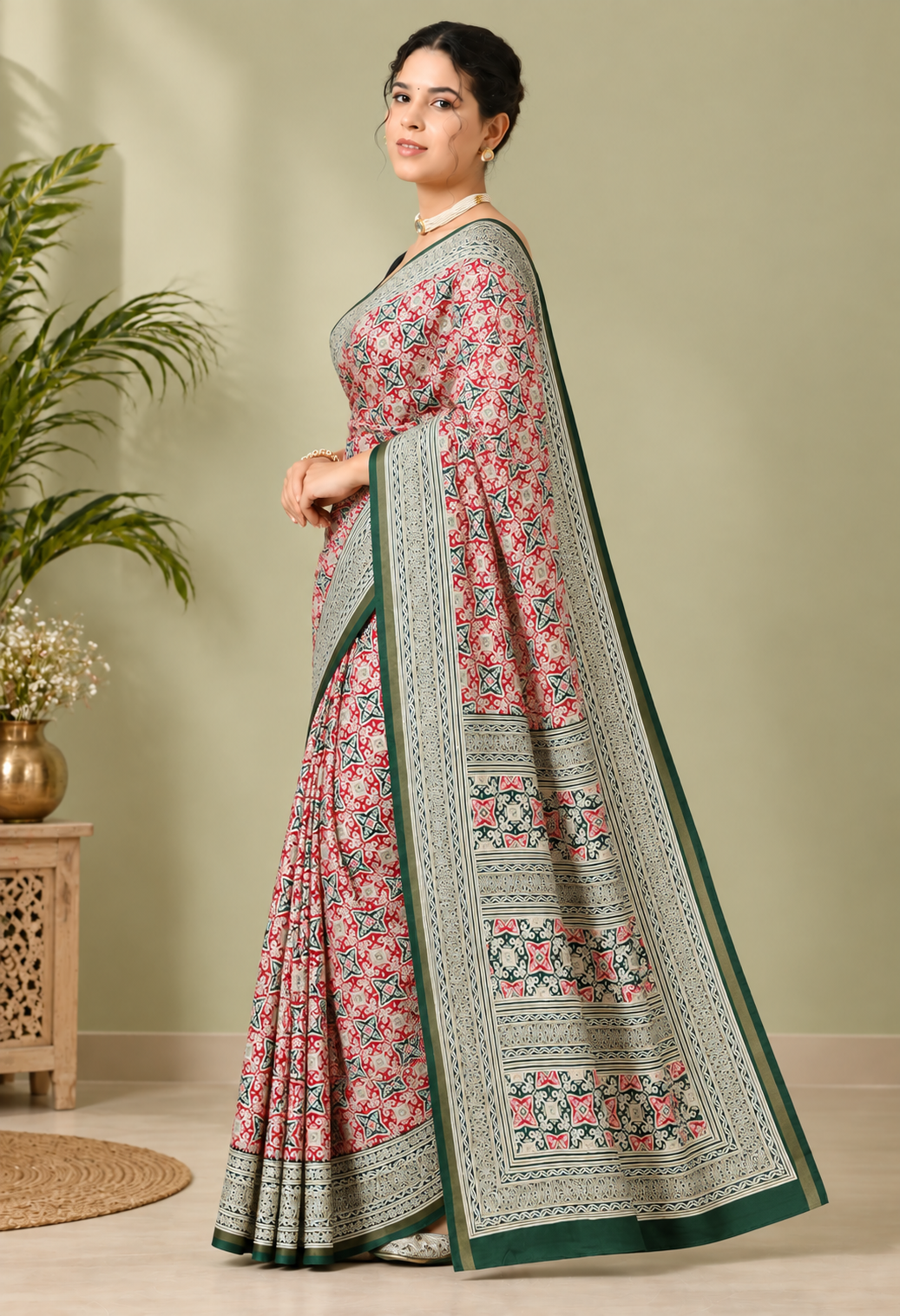 Elegant Multicolour Floral Printed Saree with Green Traditional Border