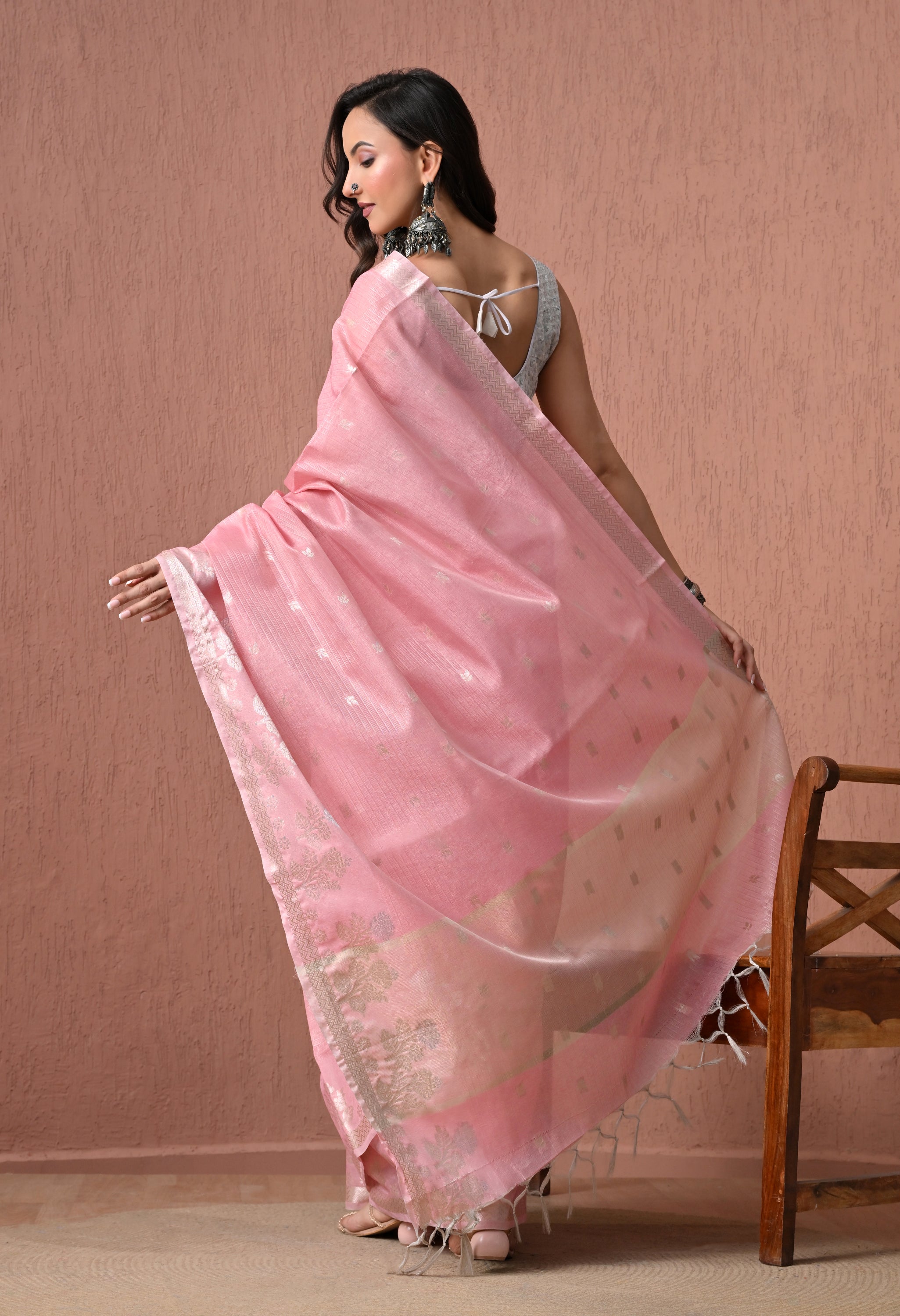 Pink Pure Cotton  Saree with Silver Zari Floral Bootis and Pallu