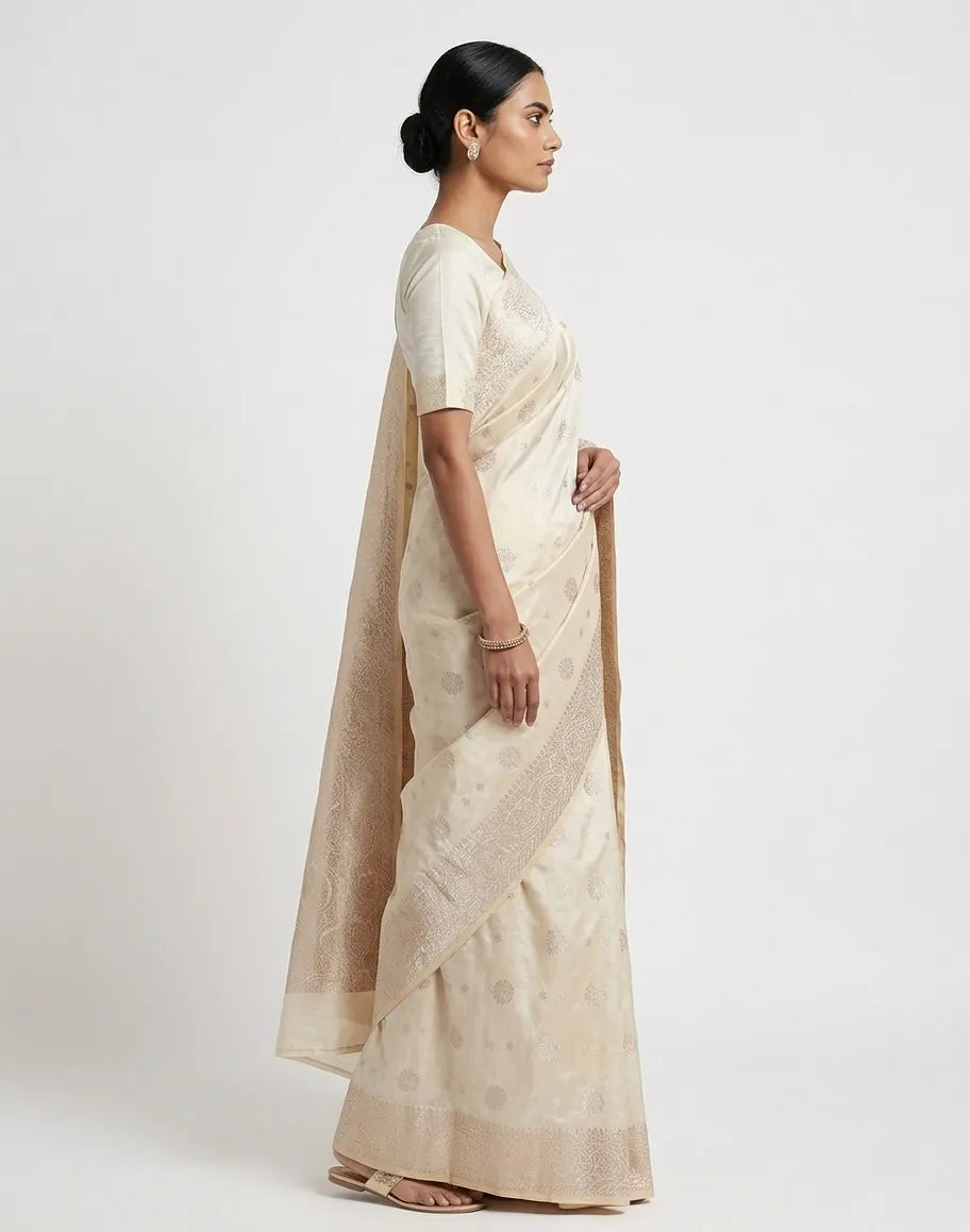 Elegant Off-White & Gold-Toned Banarasi Silk Blend Woven Design Saree
