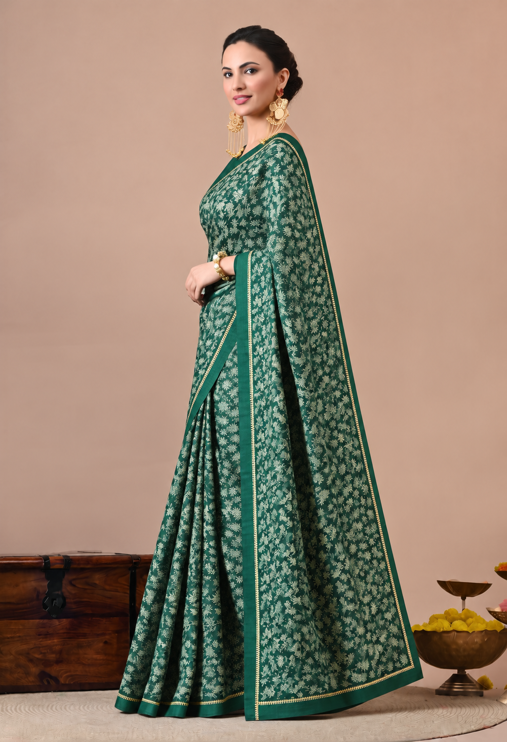 Elegant Bottle Green Chiffon Saree with Intricate Floral Print