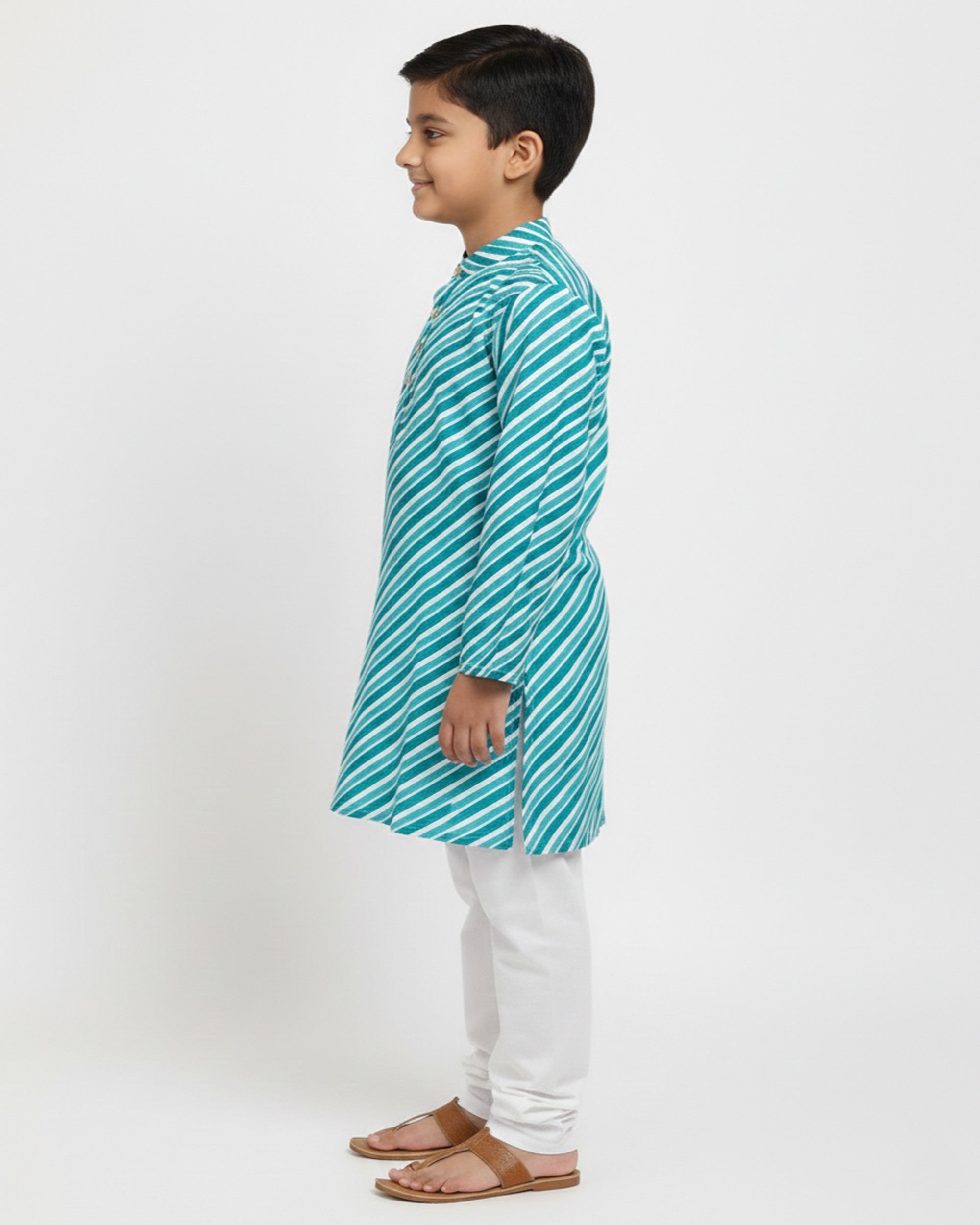 Boys Teal Blue & White Leheriya Printed Pure Cotton Kurta with Pyjamas