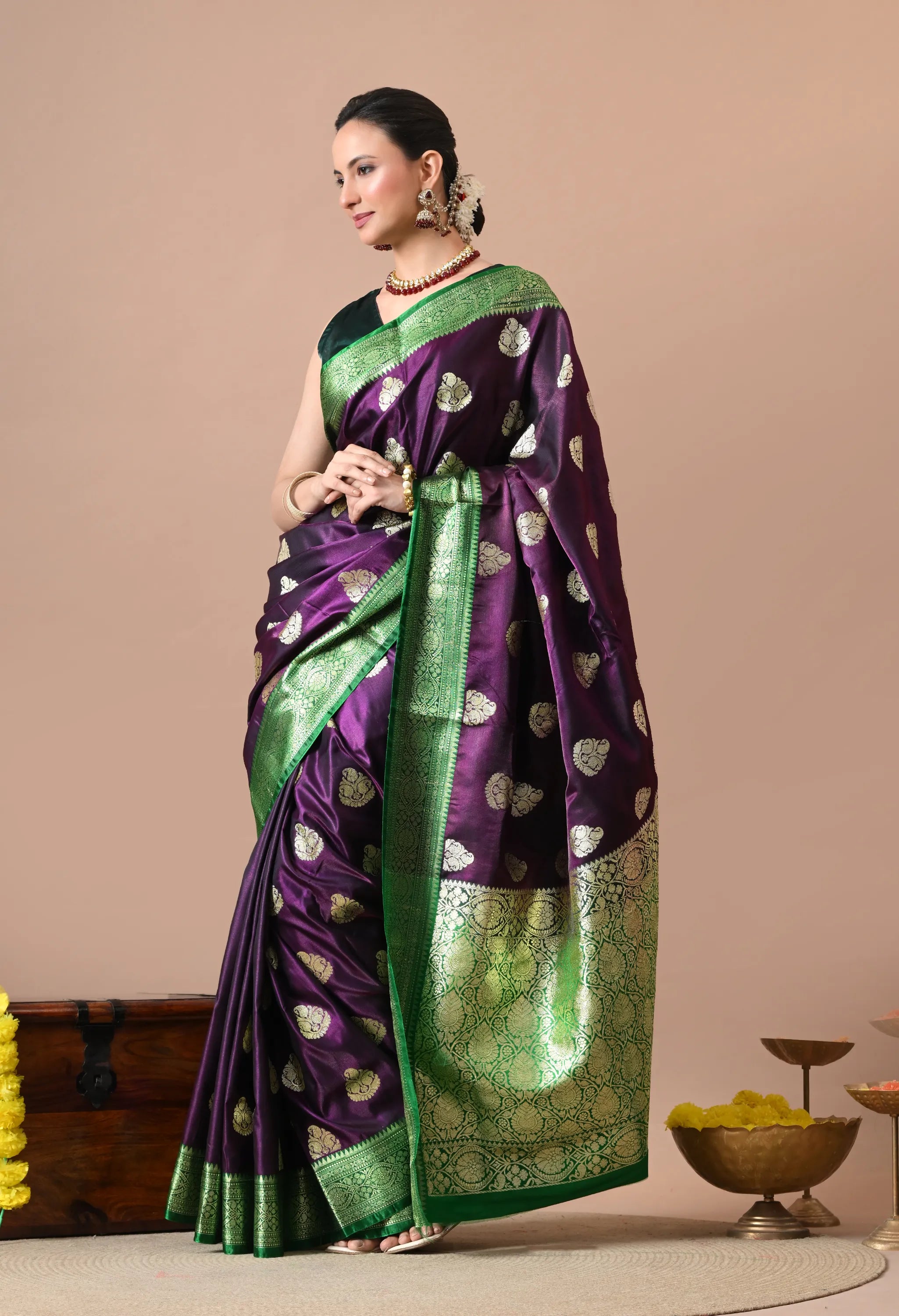 Women Deep Purple & Green Woven Design Silk Blend Banarasi Saree