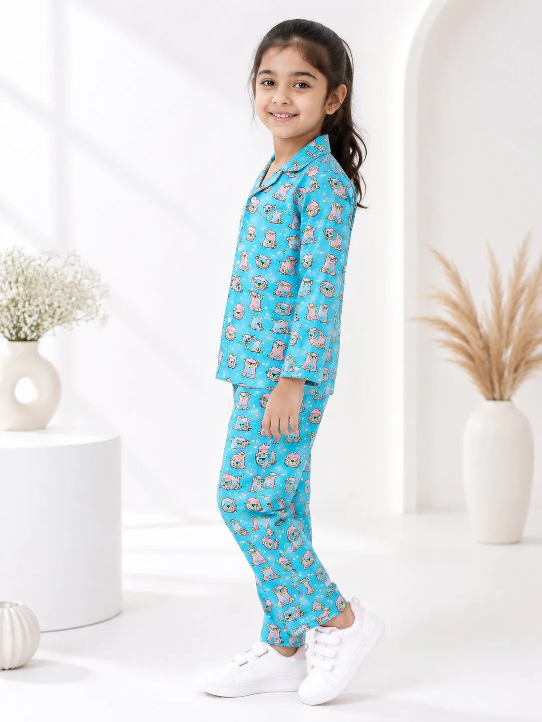 Girls  Pure Cotton Blue & Pink Puppy Print Night Suit