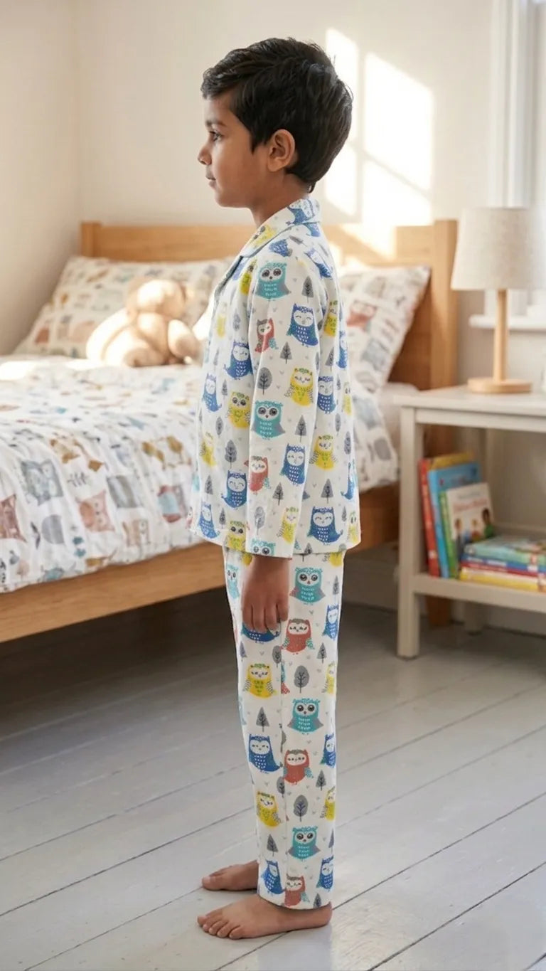 White & Blue Owl Print Pure Cotton Night Suit