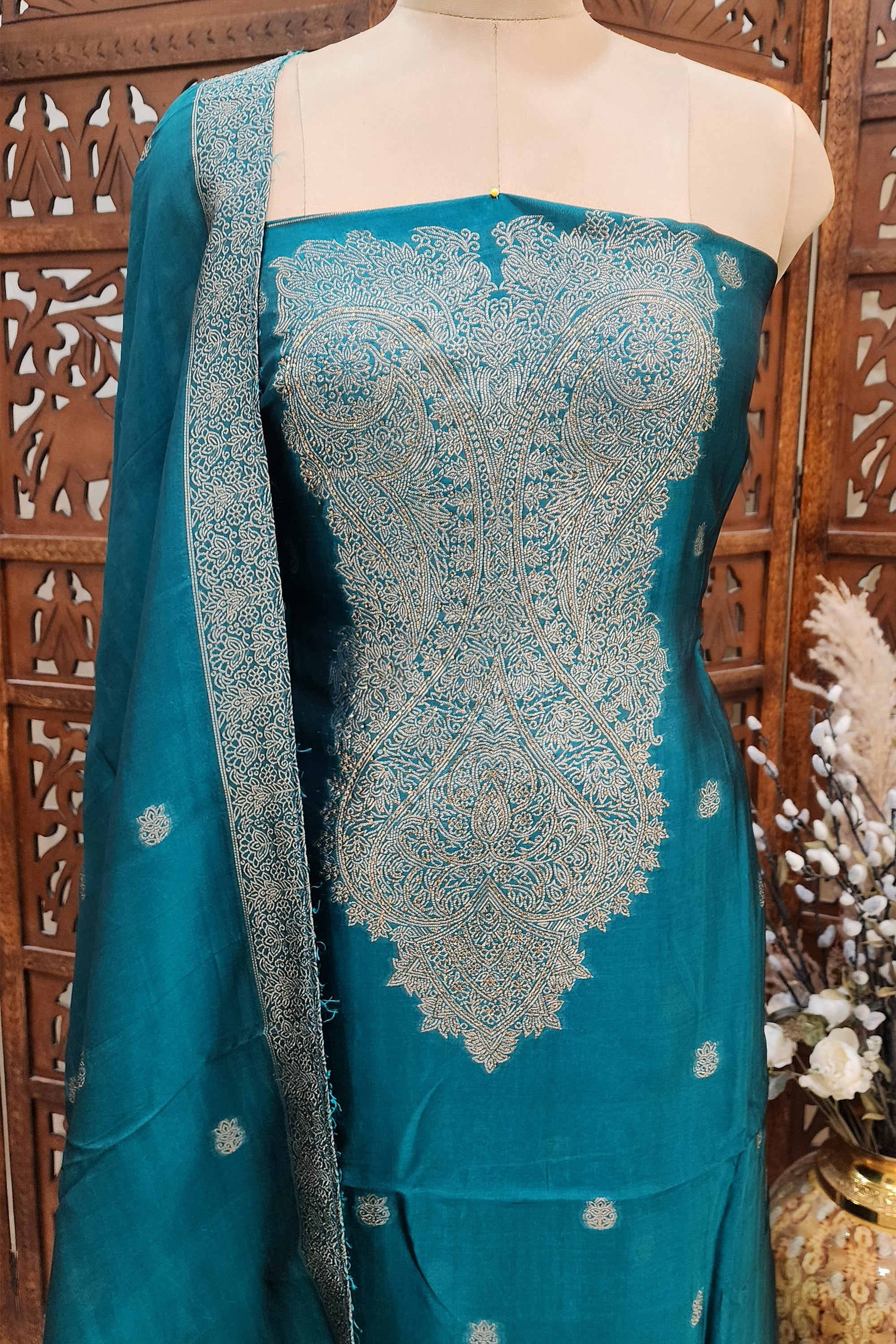 Women Teal Blue & Gold-Toned Zari Woven Siolk Blend Unstitched Dress Material