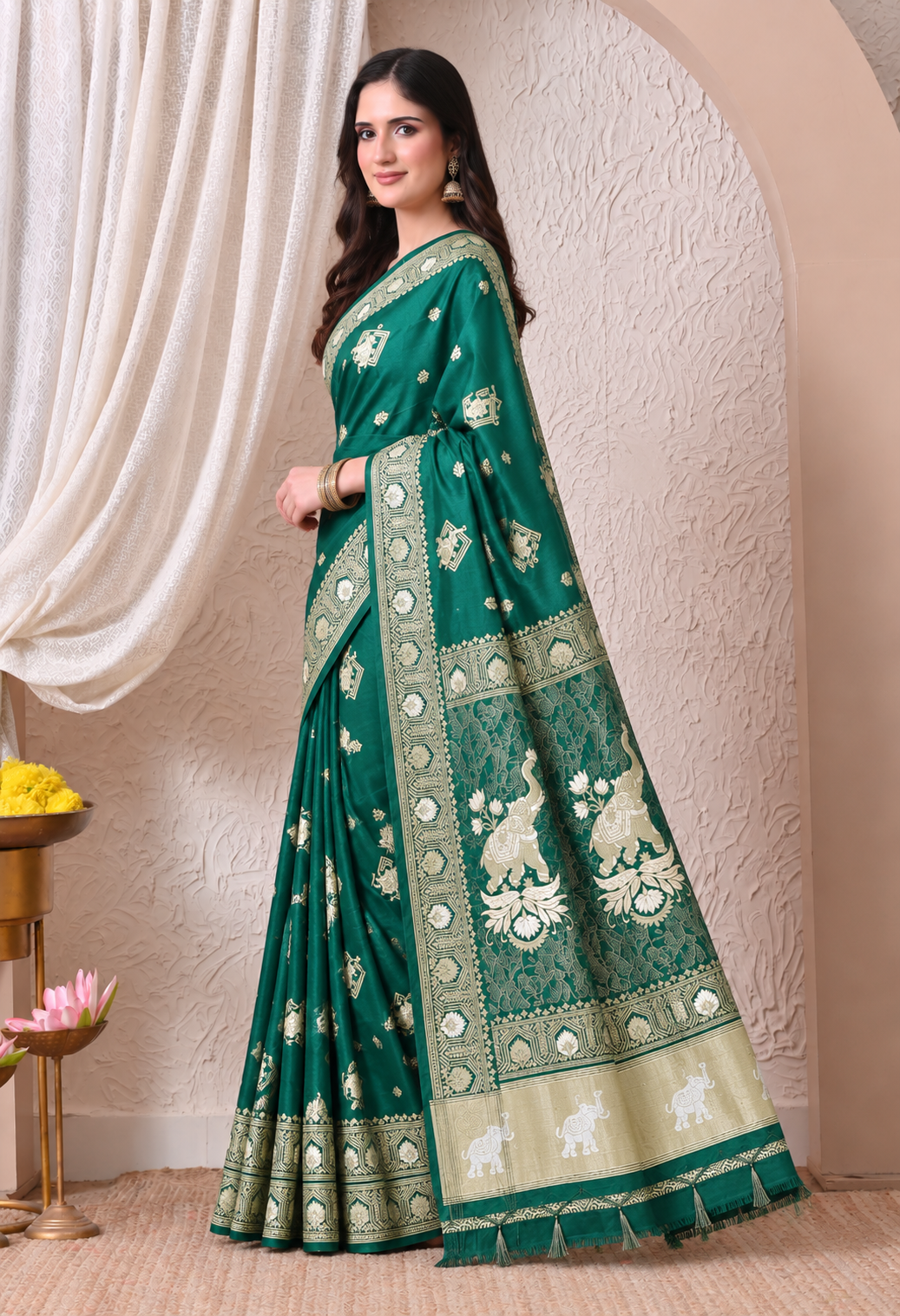 Elegant Bottle Green Silk Blend Saree with Traditional Floral Zari Work