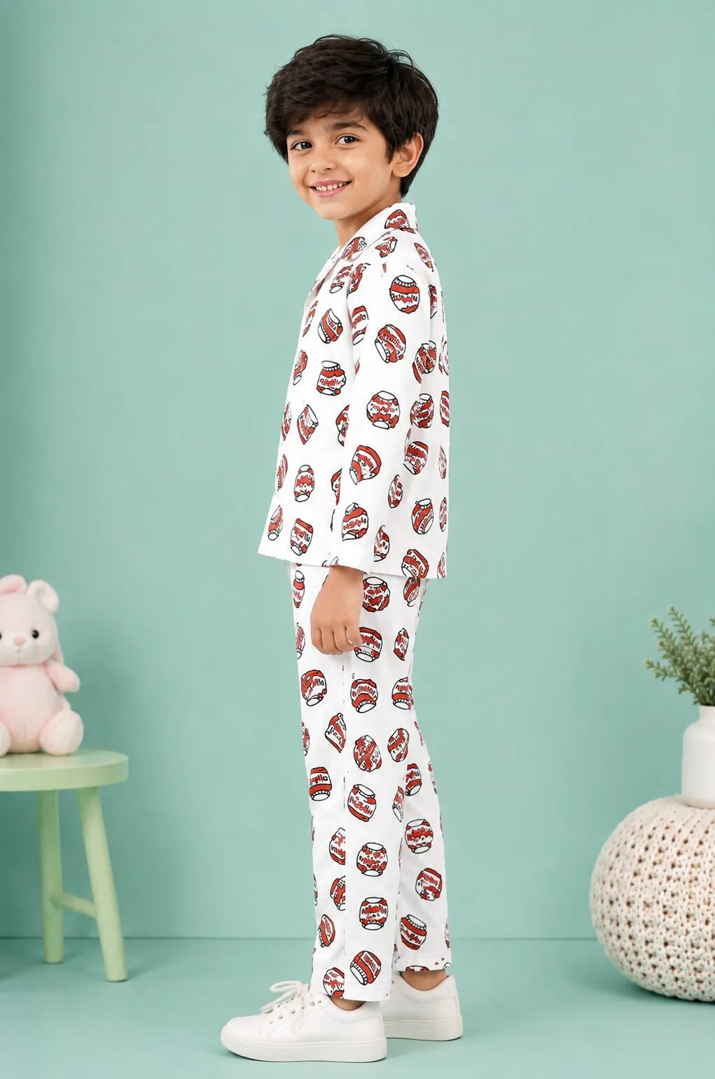 Kids' Satin Nutella Print Night Suit – White & Red