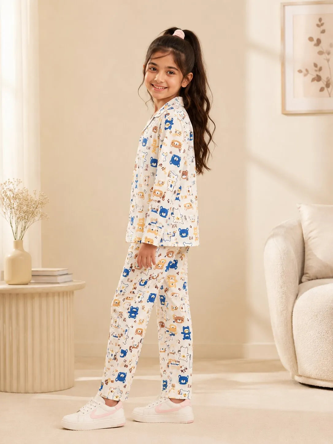 Girls Bear Print Luxury Satin Night Suit – Full Sleeve Shirt & Pajama Sleepwear Set