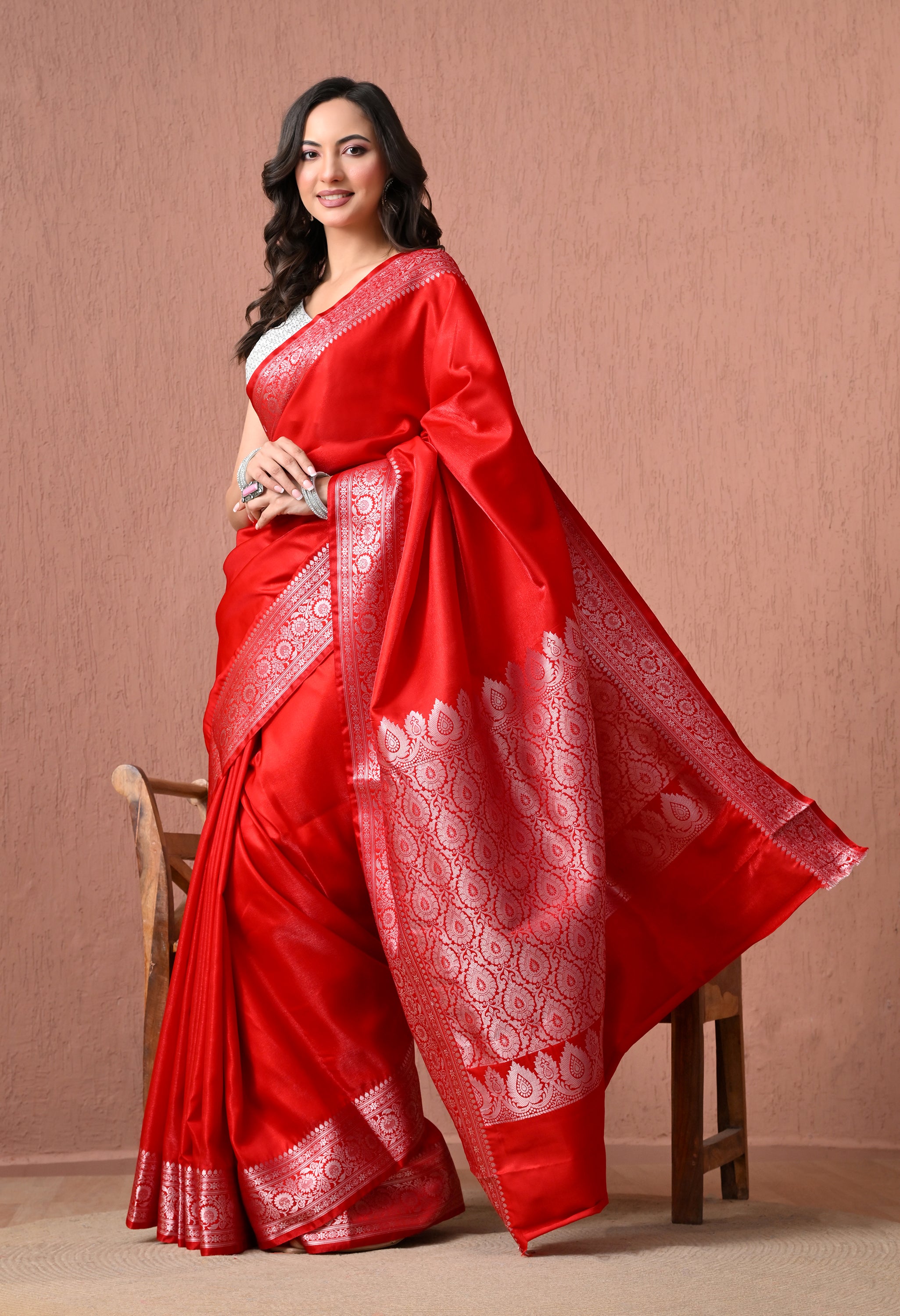 Radiant Crimson Red Pure Silk Banarasi Saree with Ornate Silver Zari Pallu