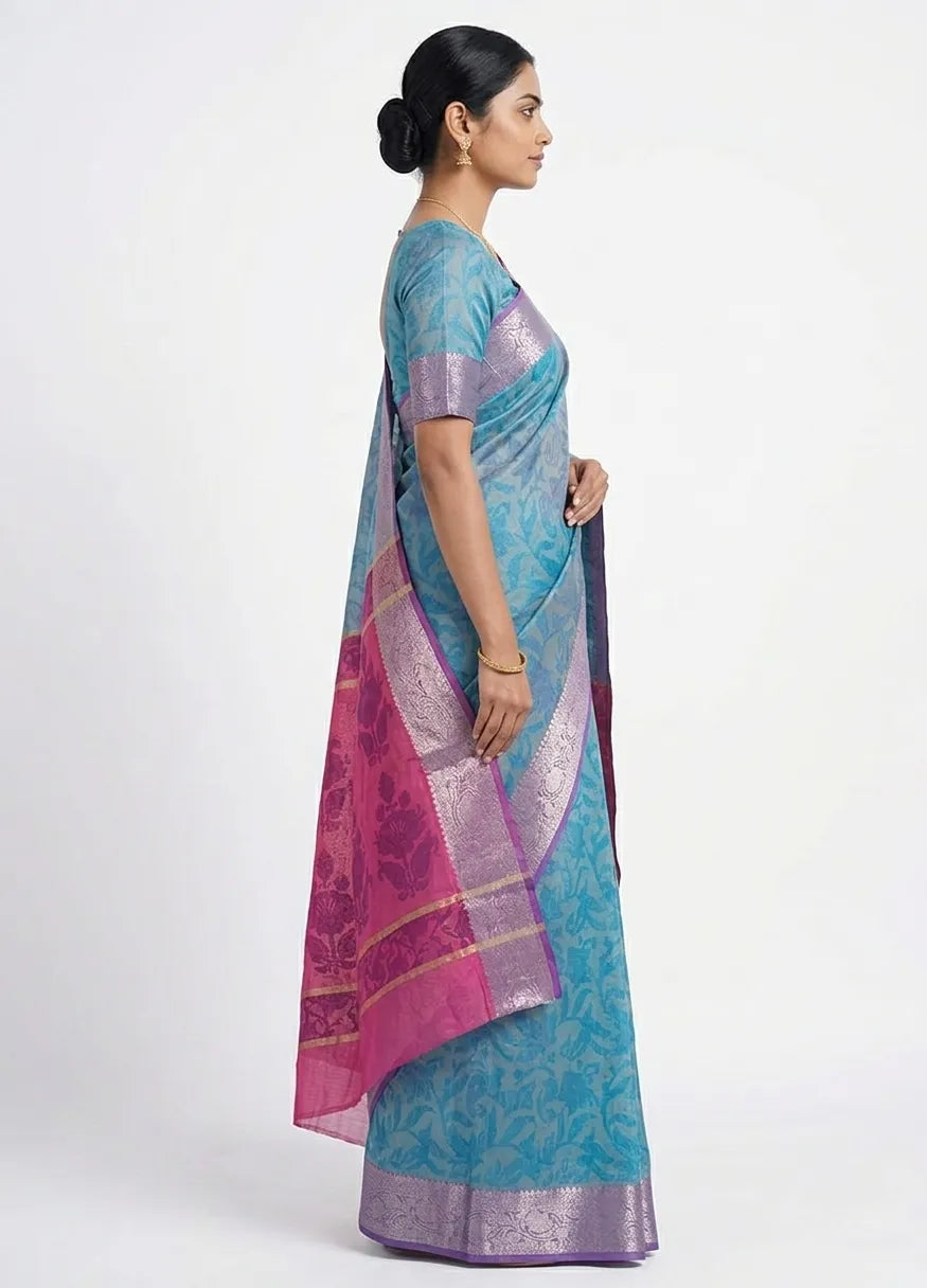 Women Blue & Grey Floral Printed Art Silk Saree with Zari Border