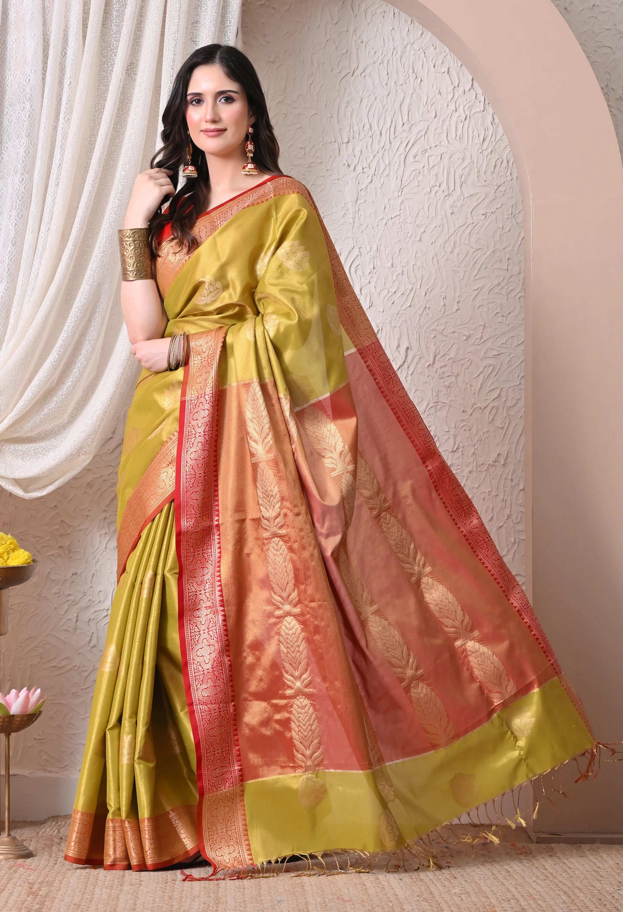 Elegant Olive Green and Crimson Silk Blend Kanjivaram Style Saree