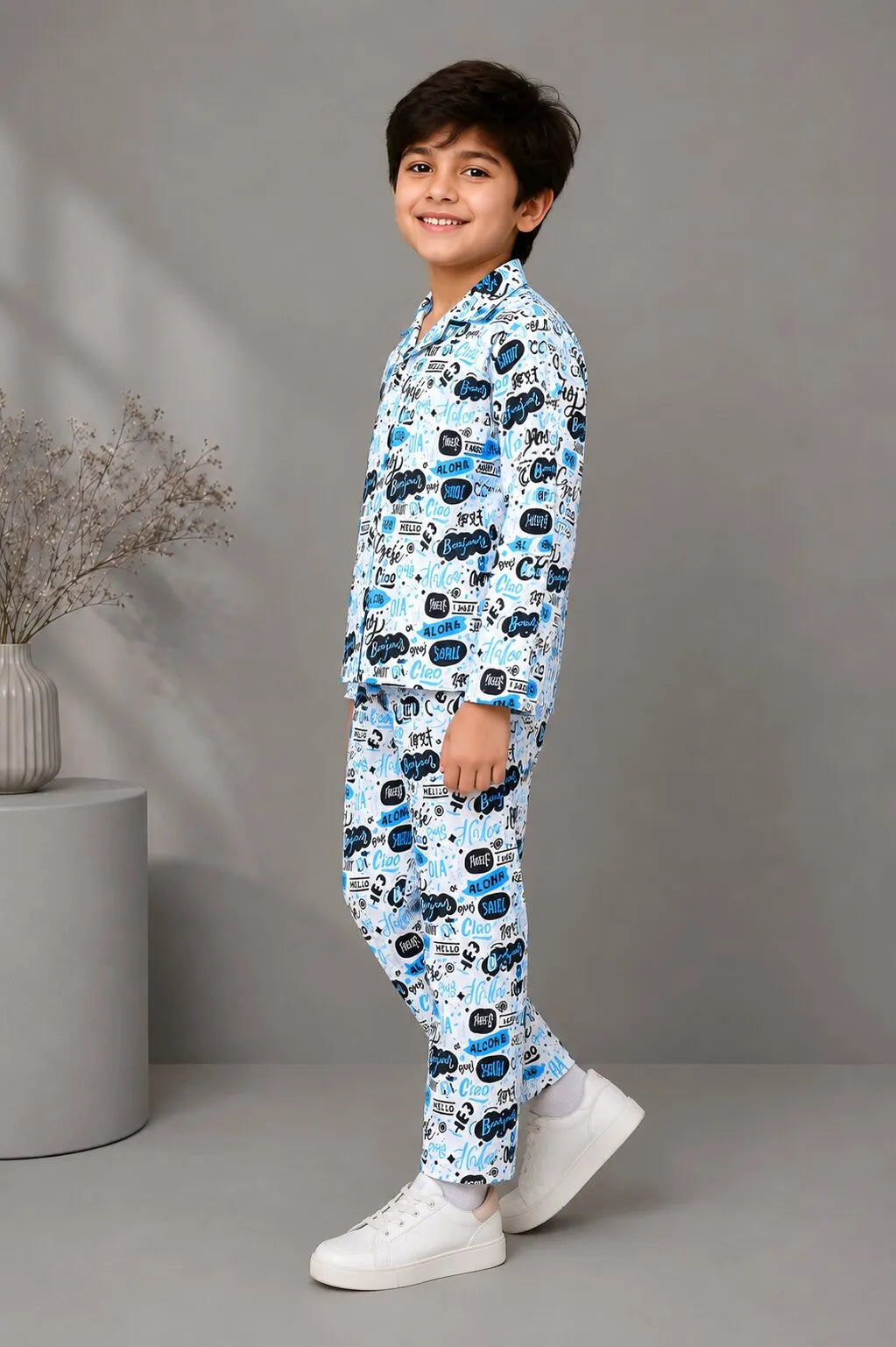 Kids' Satin "Hello" Multilingual Print Night Suit
