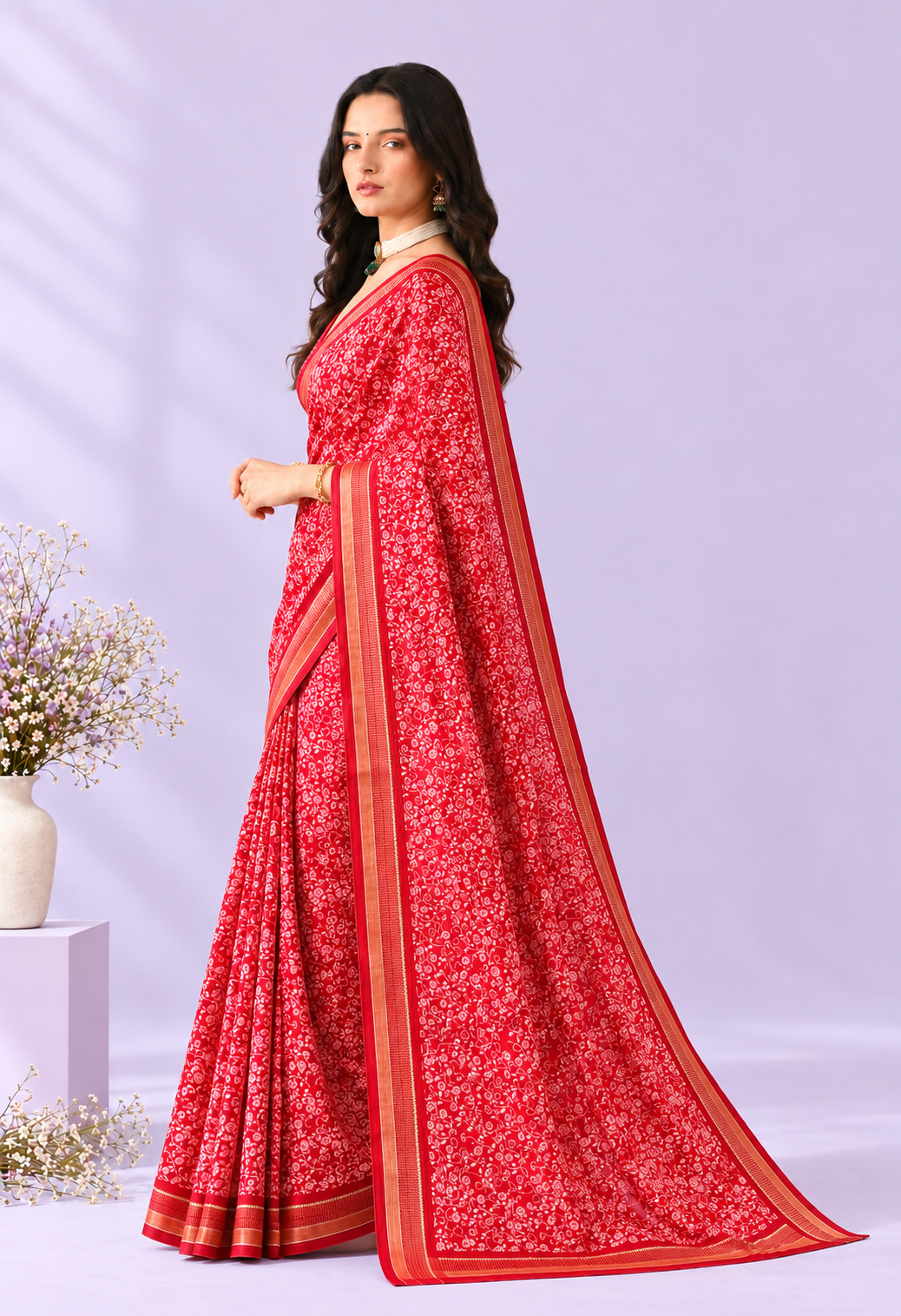 Elegant Red Chiffon Saree with Delicate Floral Print and Traditional Border