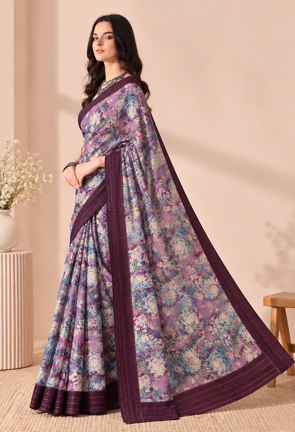 Elegant Multicolour Floral Printed Saree with Rich Wine Border