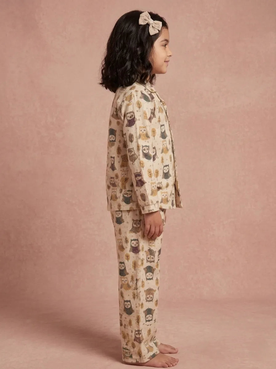 Girls Cream & Brown Owl Print Pure Cotton Night Suit