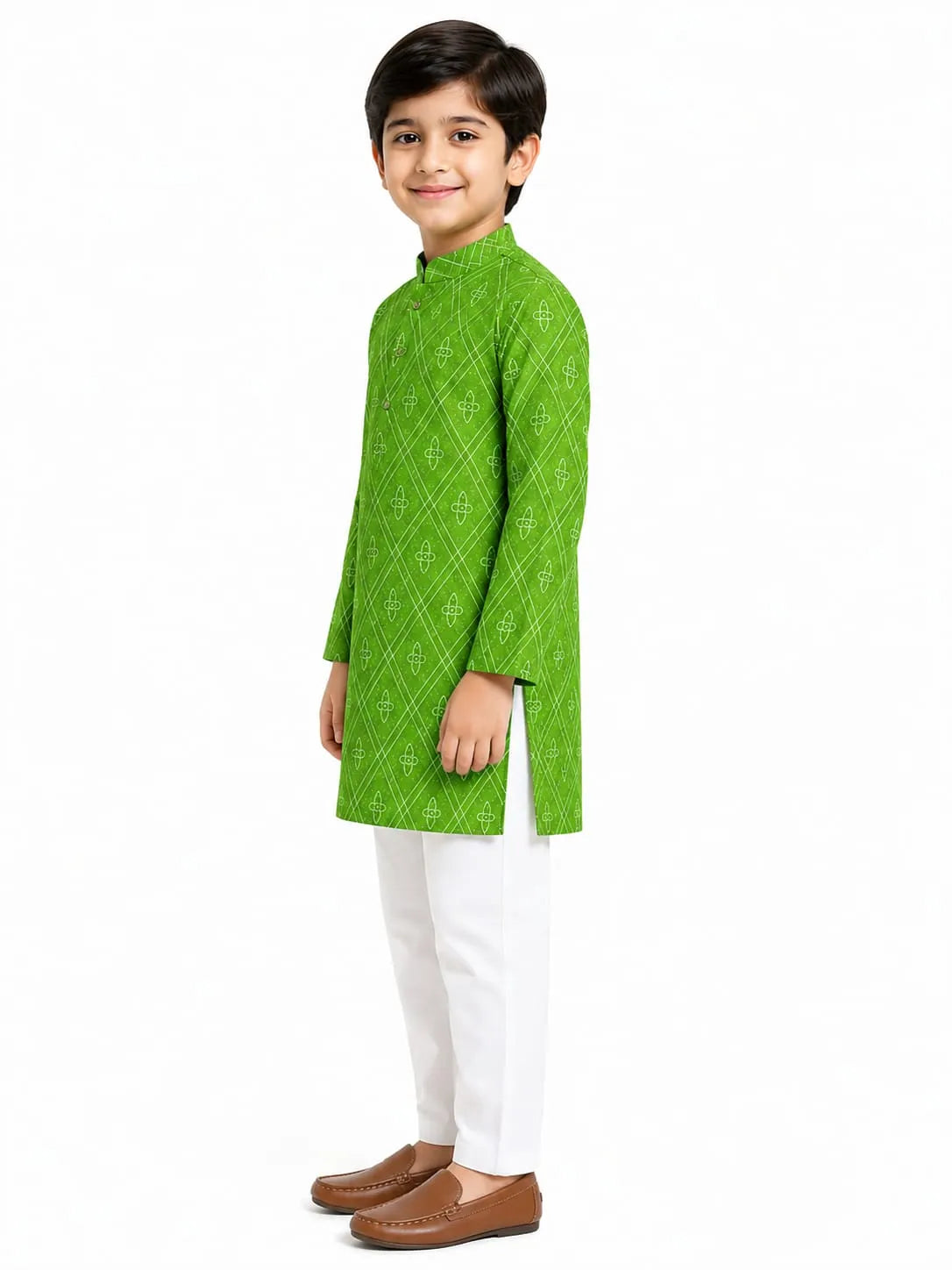 Boys Green & White Geometric Print Pure Cotton Kurta with Pyjamas