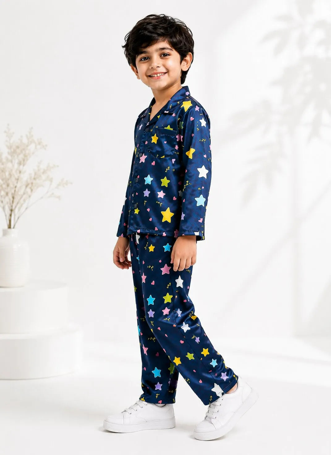 Boys Navy Blue & Multi-Colored Star Print Satin Night Suit