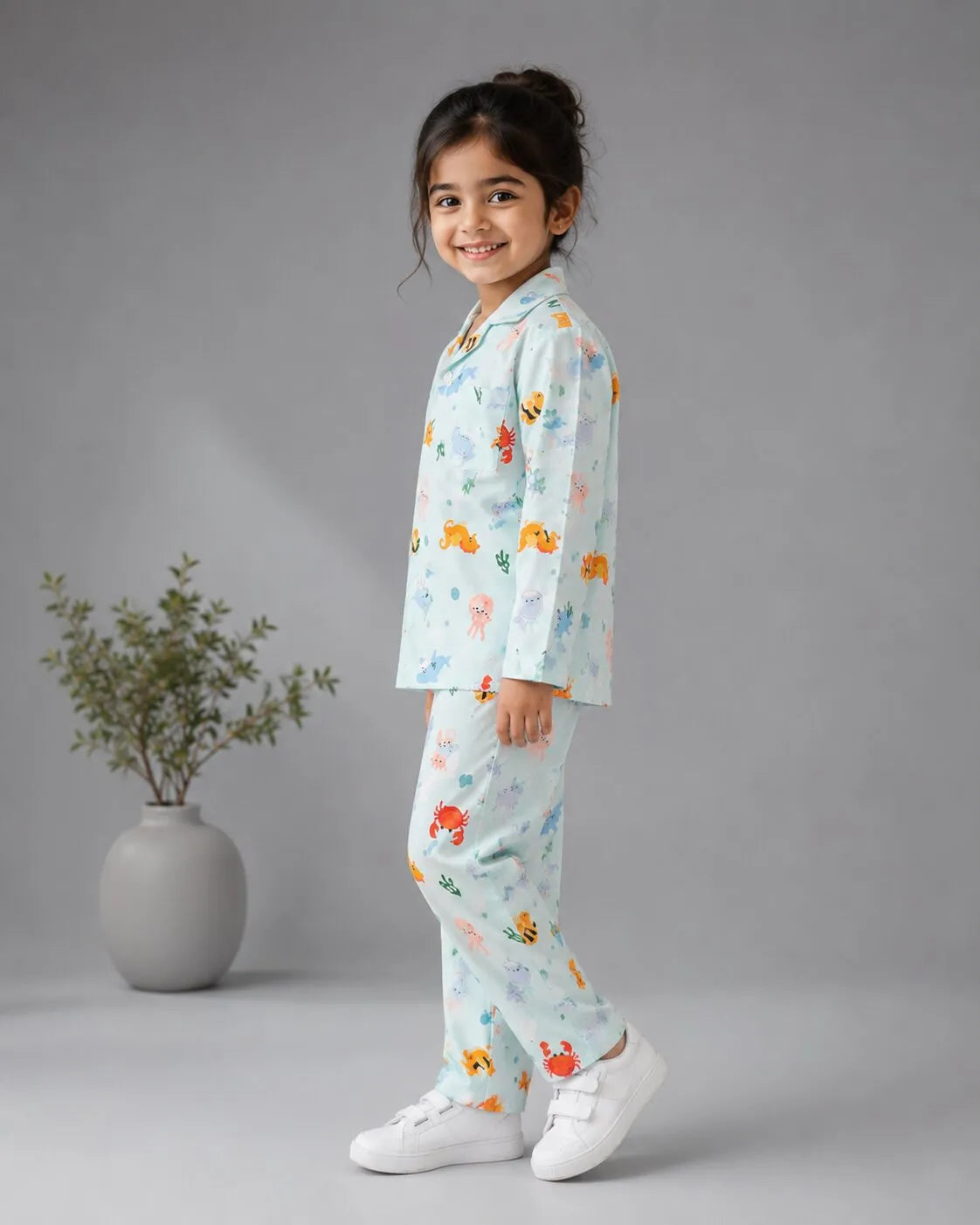 Kids Blue Sea-Life Printed Satin Long-Sleeved Nightsuit