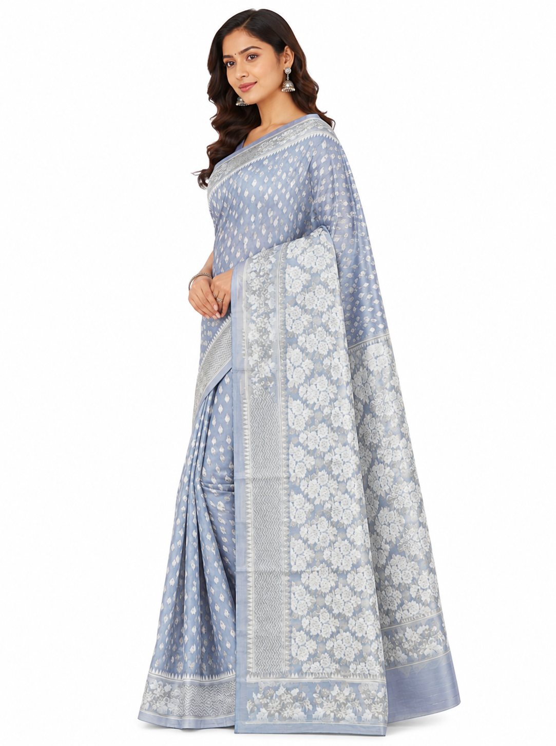 Grey & Off-White Floral Woven Design Organza Banarasi Saree with Unstitched Blouse