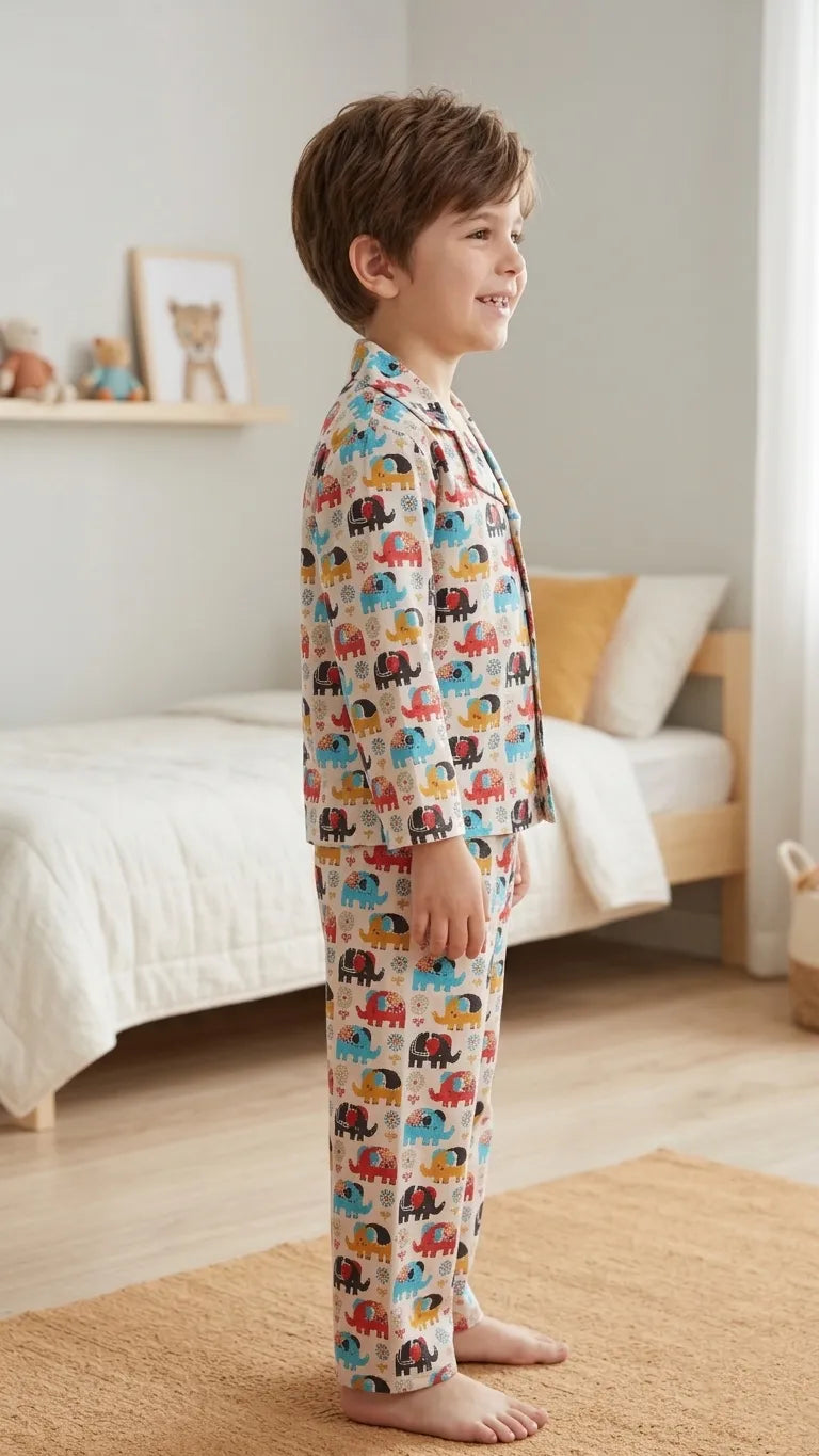 Kids' Elephant Print Cotton Night Suit