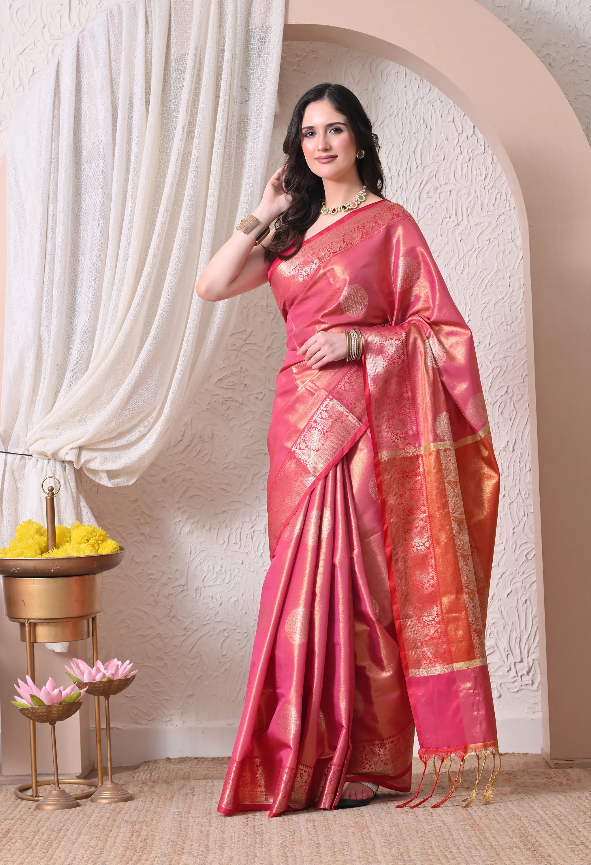 Radiant Pink Silk Blend Kanjeevaram Style Saree