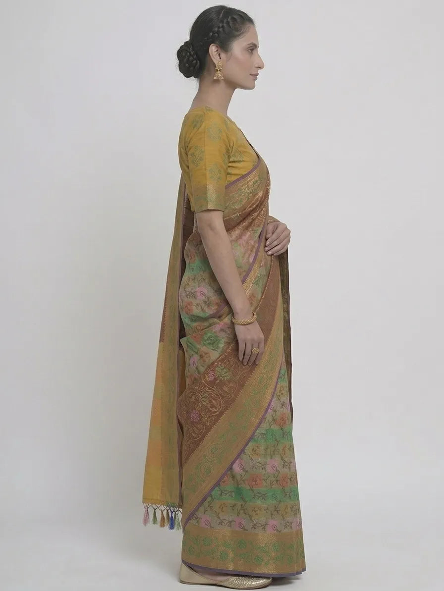 Women Mustard & Olive Green Floral Printed Silk Blend Saree with Tassels