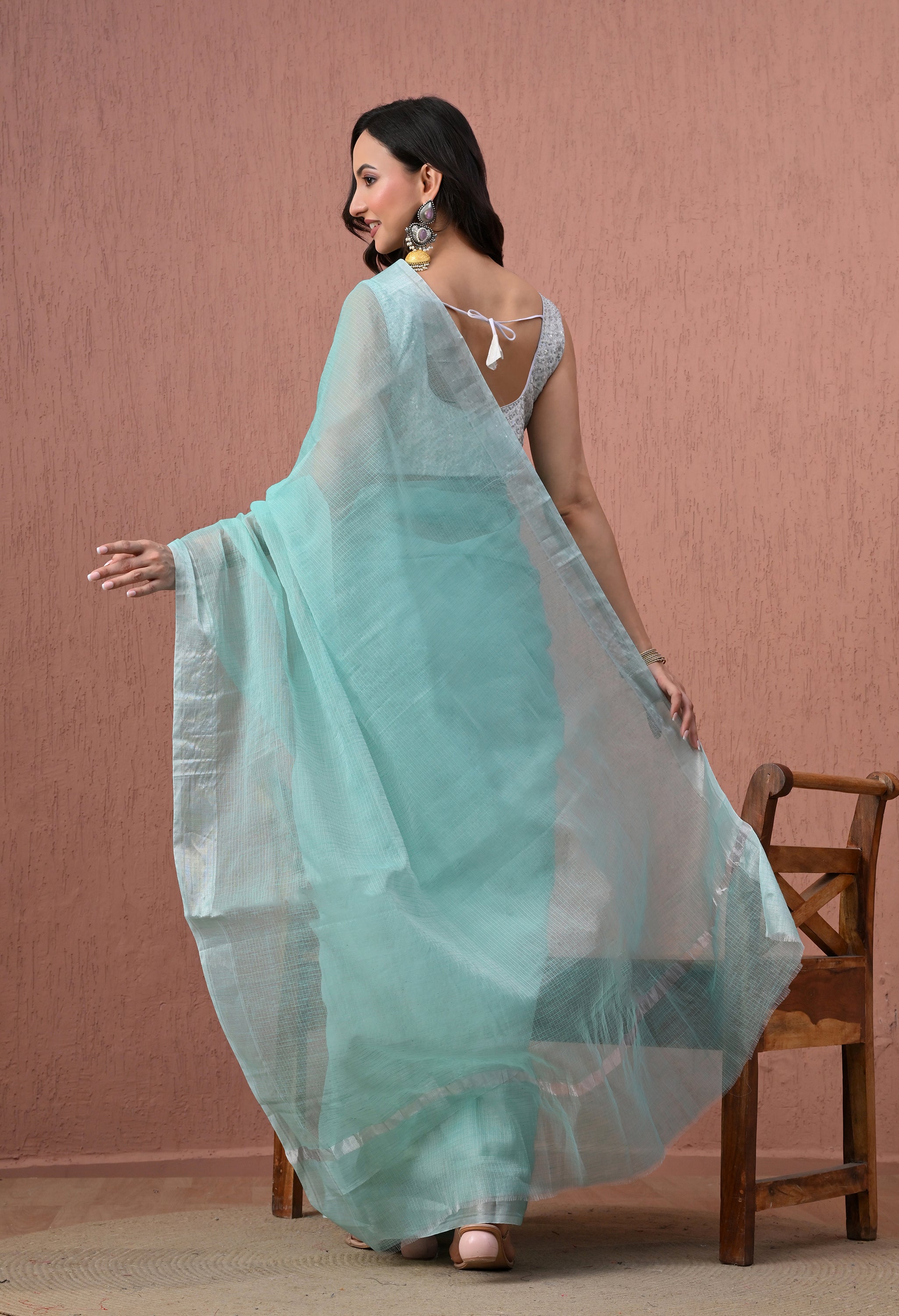 Pure Cotton Saree in Sea Green with Silver Zari Border