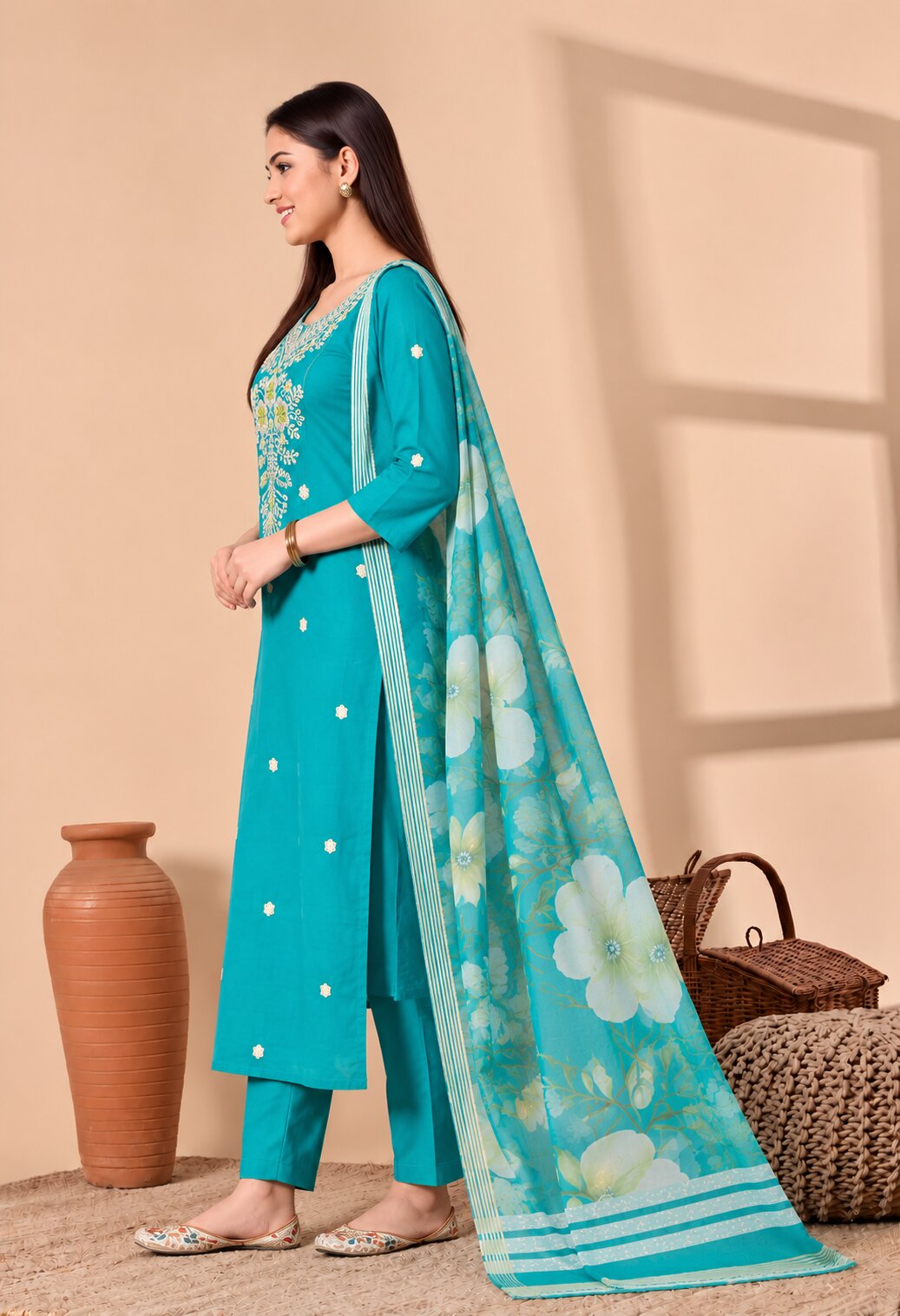 Teal Blue Chanderi Silk Embroidered Suit Set with Dupatta