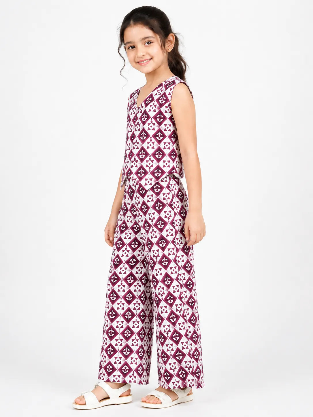 Girls' Pink Geometric Batik-Print Vest & Wide-Leg Co-Ord Set