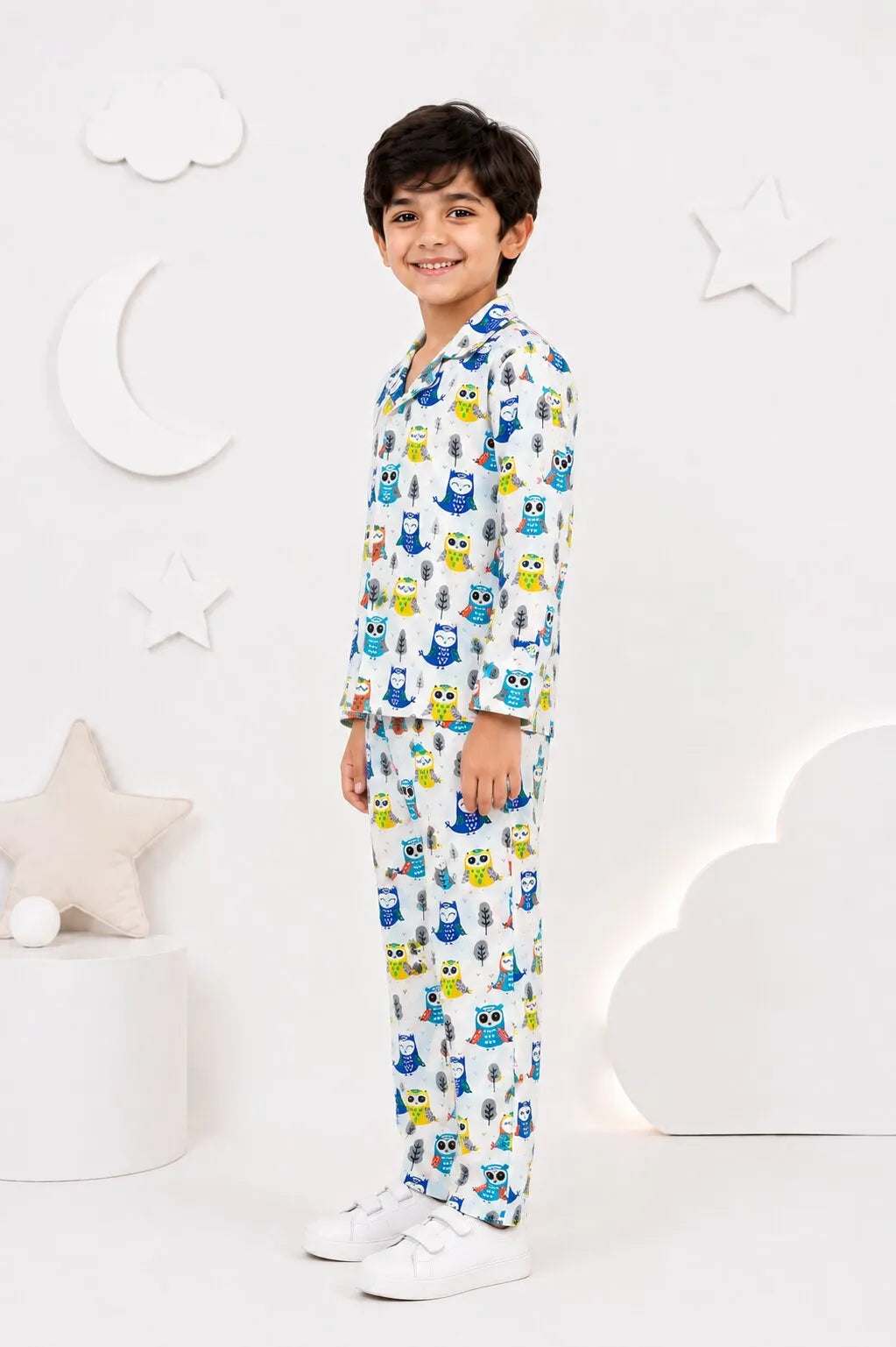 White & Blue Owl Print Pure Cotton Night Suit