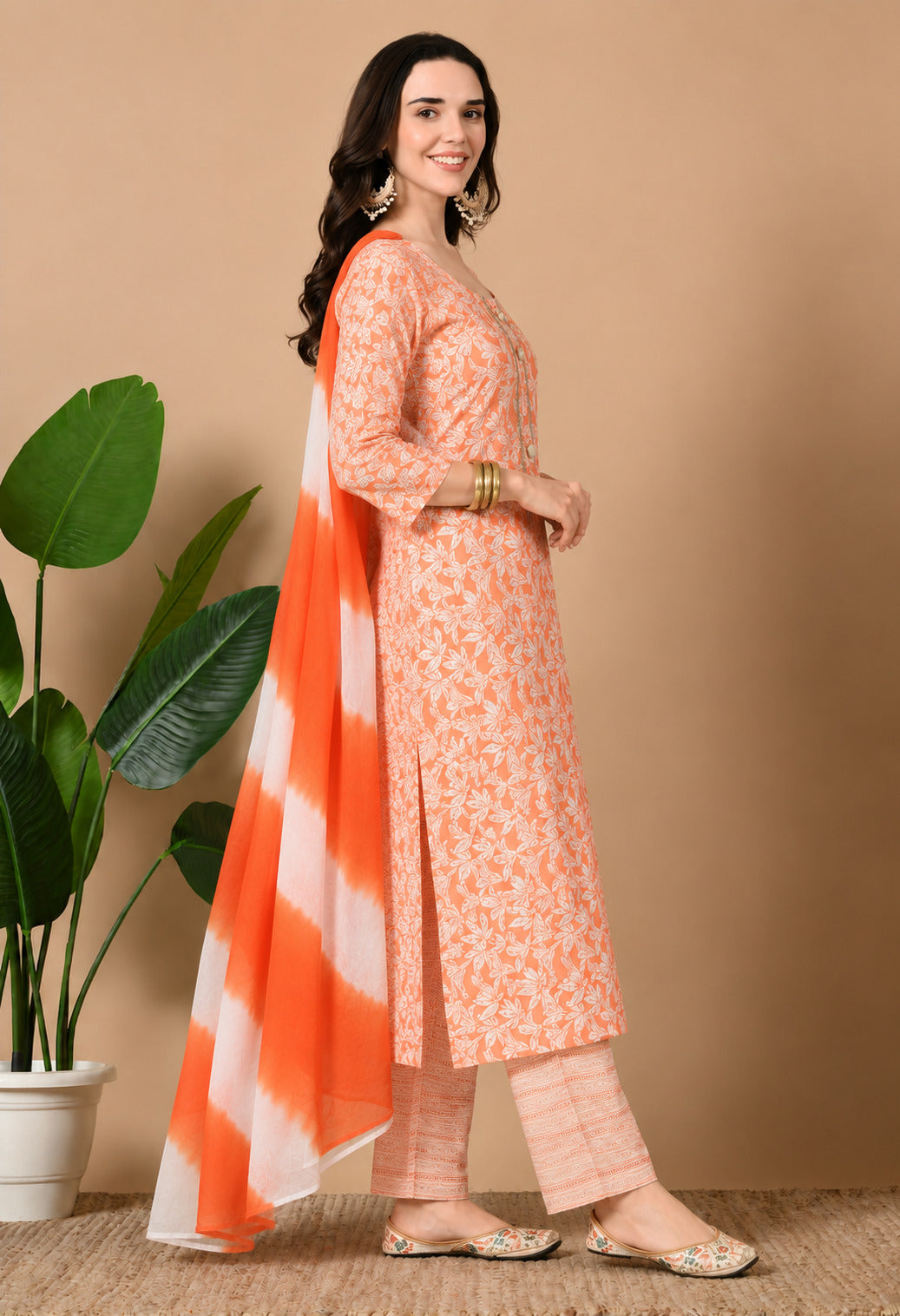 Women’s Orange and White Floral Printed Cotton Suit Set with Dupatta